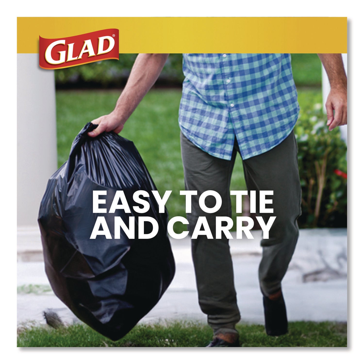 Glad® Large Quick-Tie Trash Bags, Tie-Flap, 30 gal, 0.81 mil, 30 x 33, Black, 10 Bags/Box, 12 Boxes/Carton
