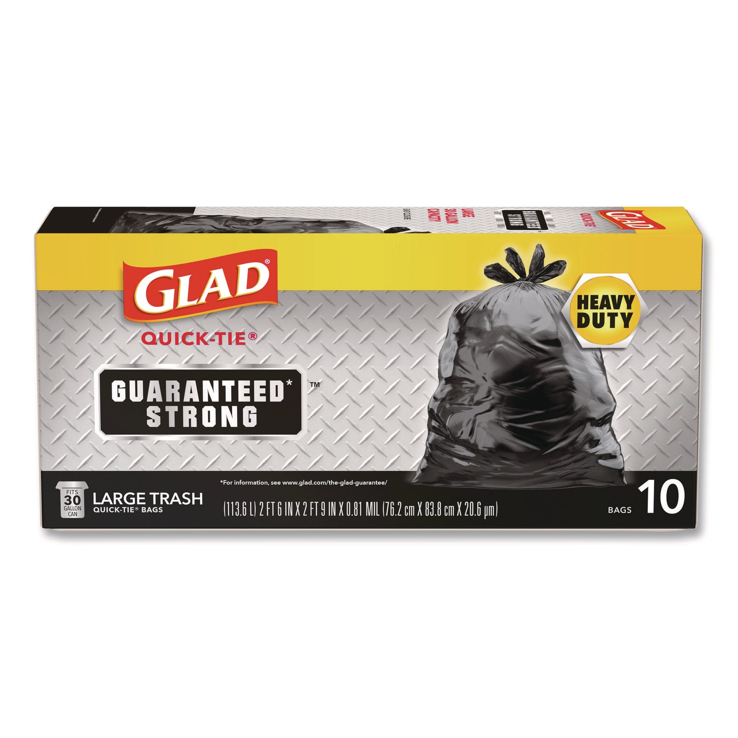 Glad® Large Quick-Tie Trash Bags, Tie-Flap, 30 gal, 0.81 mil, 30 x 33, Black, 10 Bags/Box, 12 Boxes/Carton