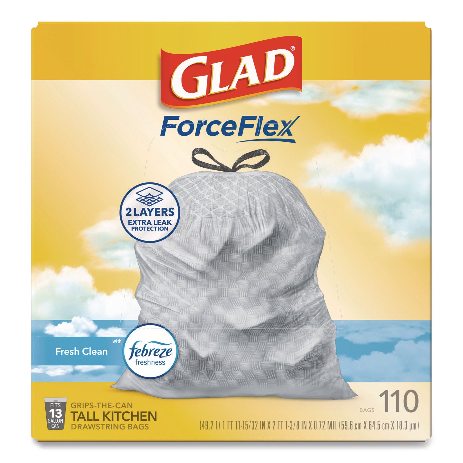 Glad® ForceFlex Tall Kitchen Drawstring Trash Bags, Drawstring, 13 gal, Fresh Clean Scent, 10.19 x 9.81, Gray, 110/Roll, 3/Carton