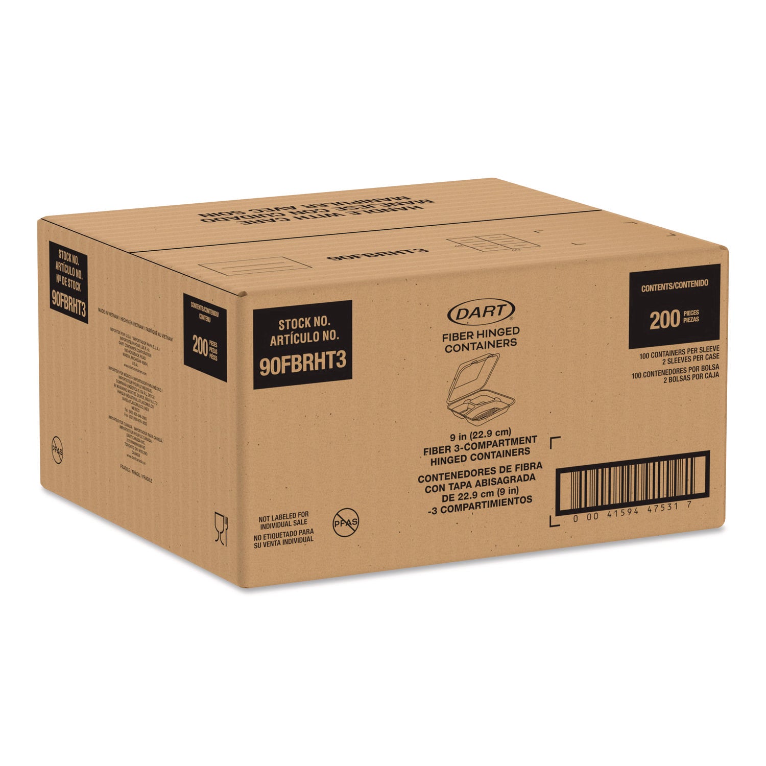 Dart® Compostable Molded Fiber Hinged Trays, ProPlanet Seal, 3 Compartments, 9.14 x 9 x 2.98, Natural, 200/Carton