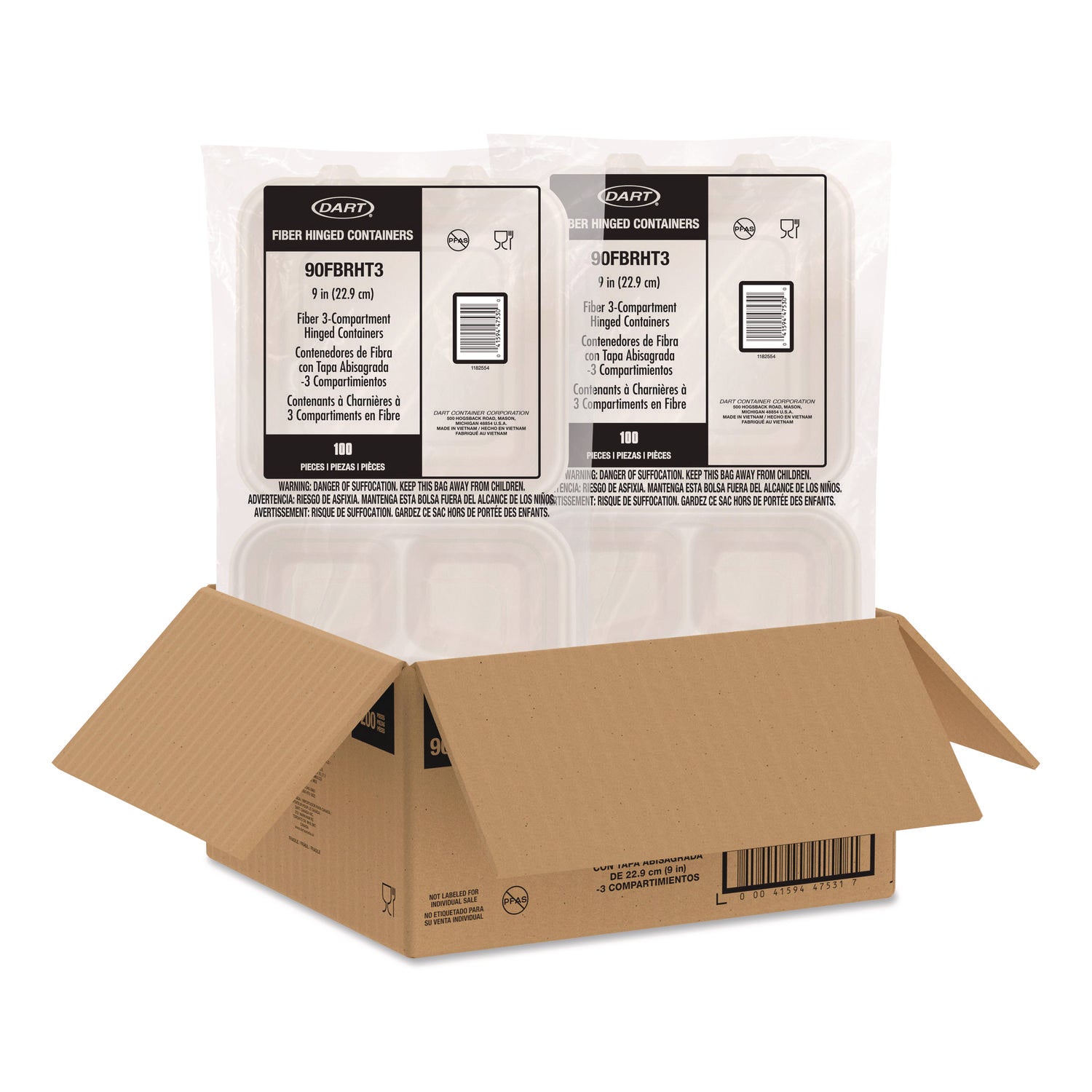 Dart® Compostable Molded Fiber Hinged Trays, ProPlanet Seal, 3 Compartments, 9.14 x 9 x 2.98, Natural, 200/Carton