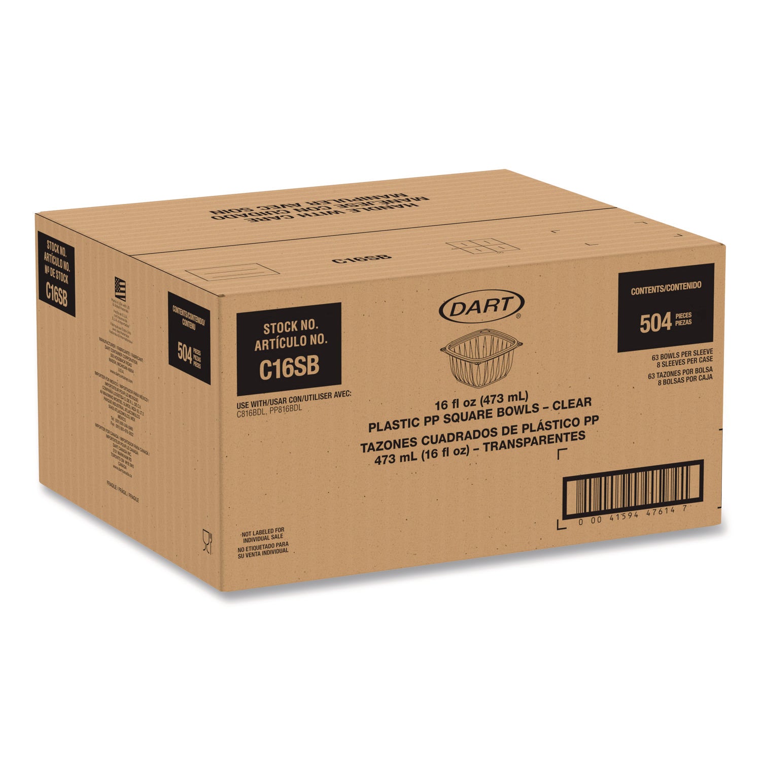 Dart® Square Plastic Bowls, 16 oz, 8.5 x 8.5 x 1.96, Clear, Plastic, 63 Bowls/Sleeve, 8 Sleeves/Carton