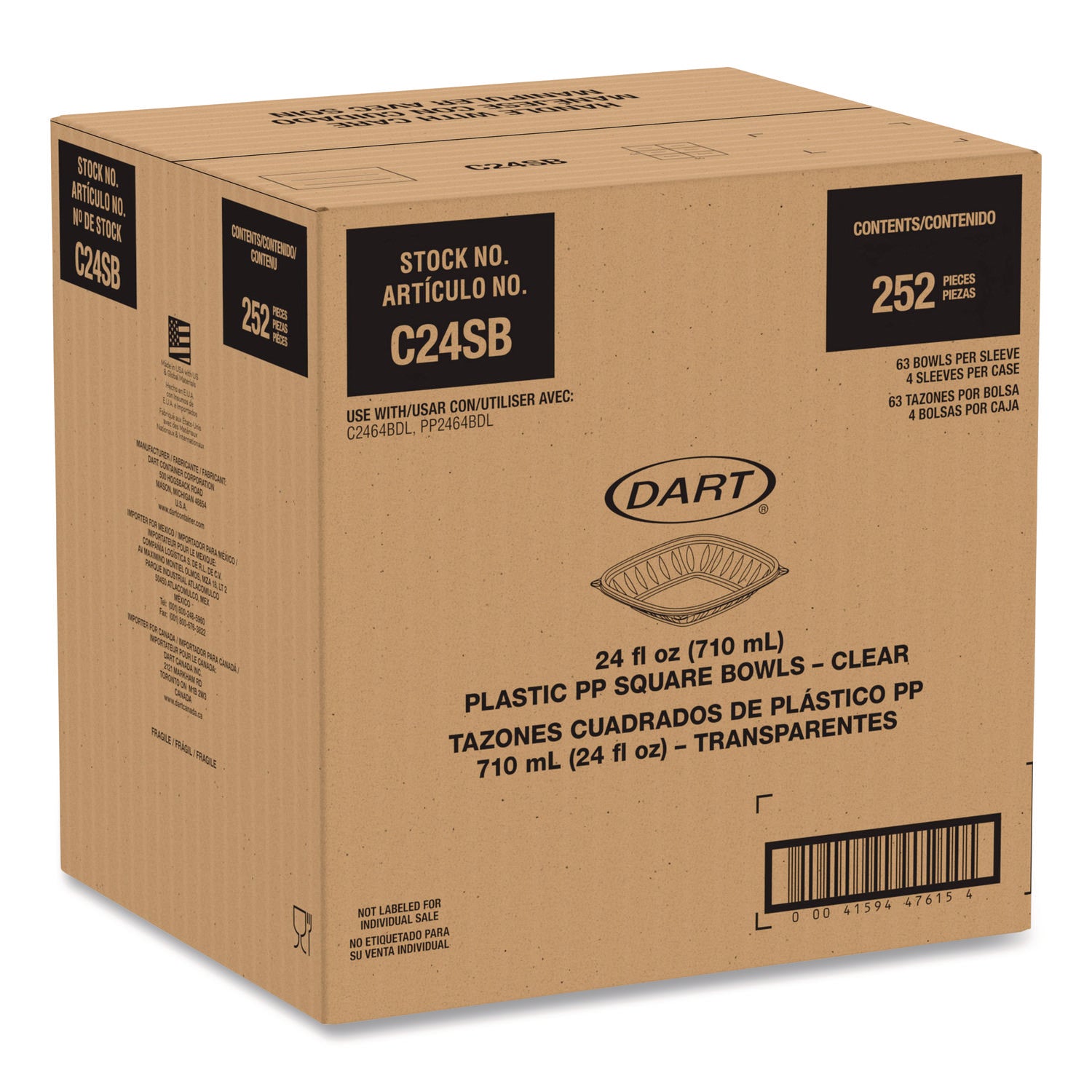 Dart® Square Plastic Bowls, 24 oz, 5 x 5 x 1.99, Clear, Plastic, 63 Bowls/Sleeve, 4 Sleeves/Carton