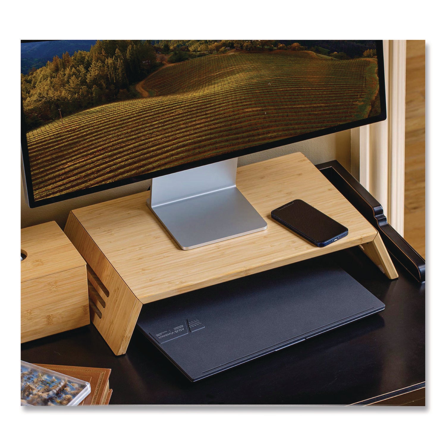Officemate Bamboo Desktop Monitor Stand, For 16" Monitors, 17.56 x 12.44 x 2.64, Brown, Supports 20 lbs