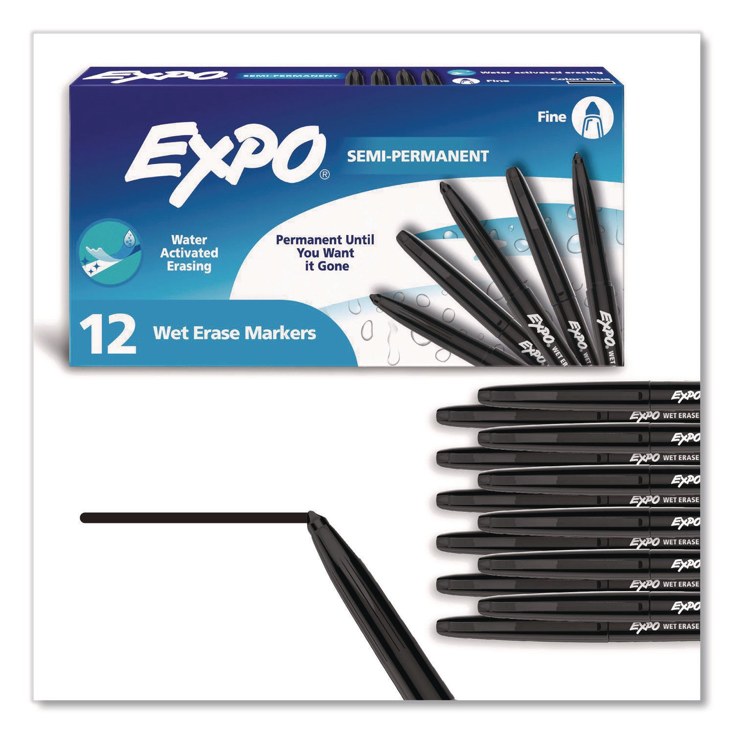 EXPO® Wet Erase Marker, Fine Bullet Tip, Black, 12/Pack