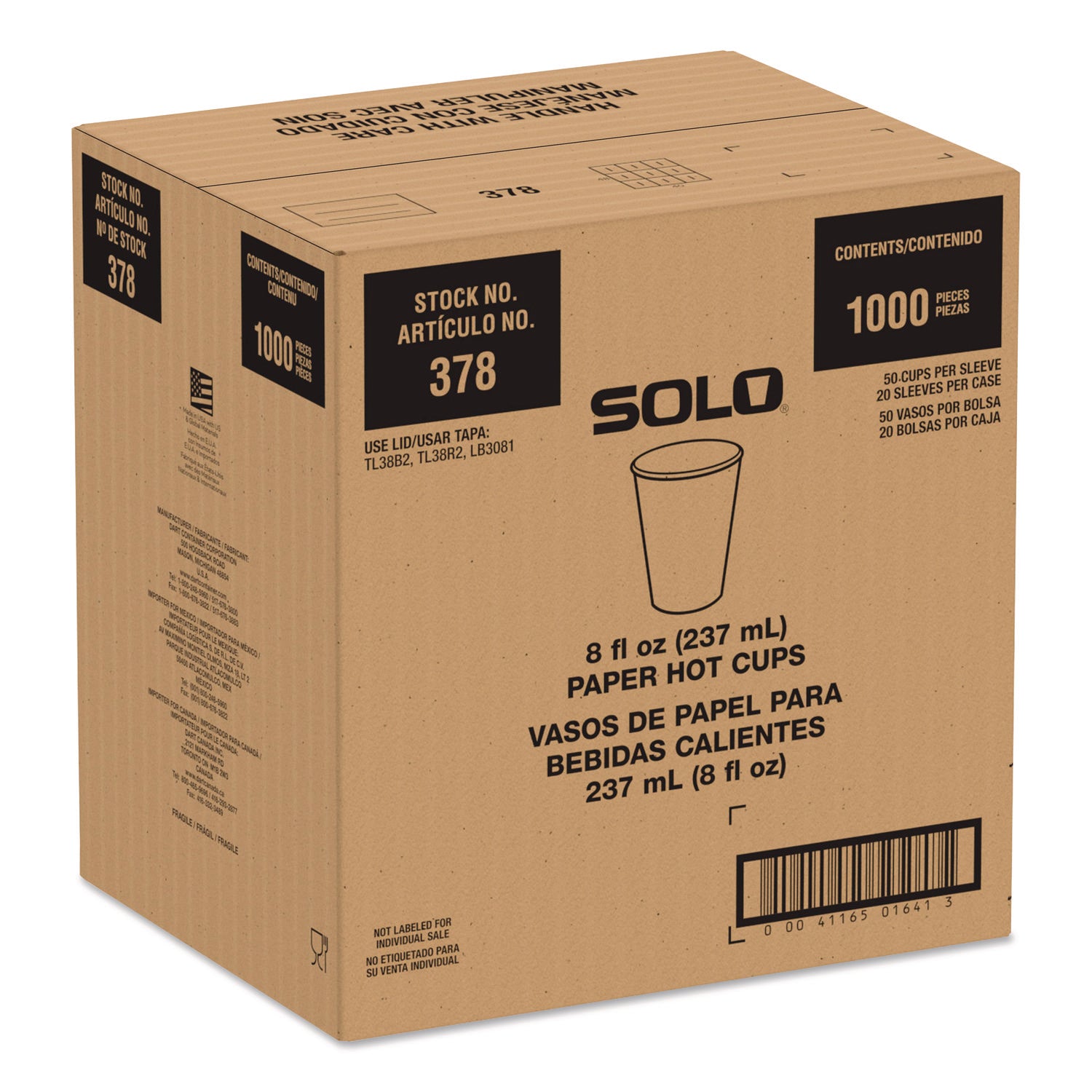SOLO® Recycled Content PCF Paper Hot Cups, ProPlanet Seal, 8 oz, White/Blue, 1,000/Carton