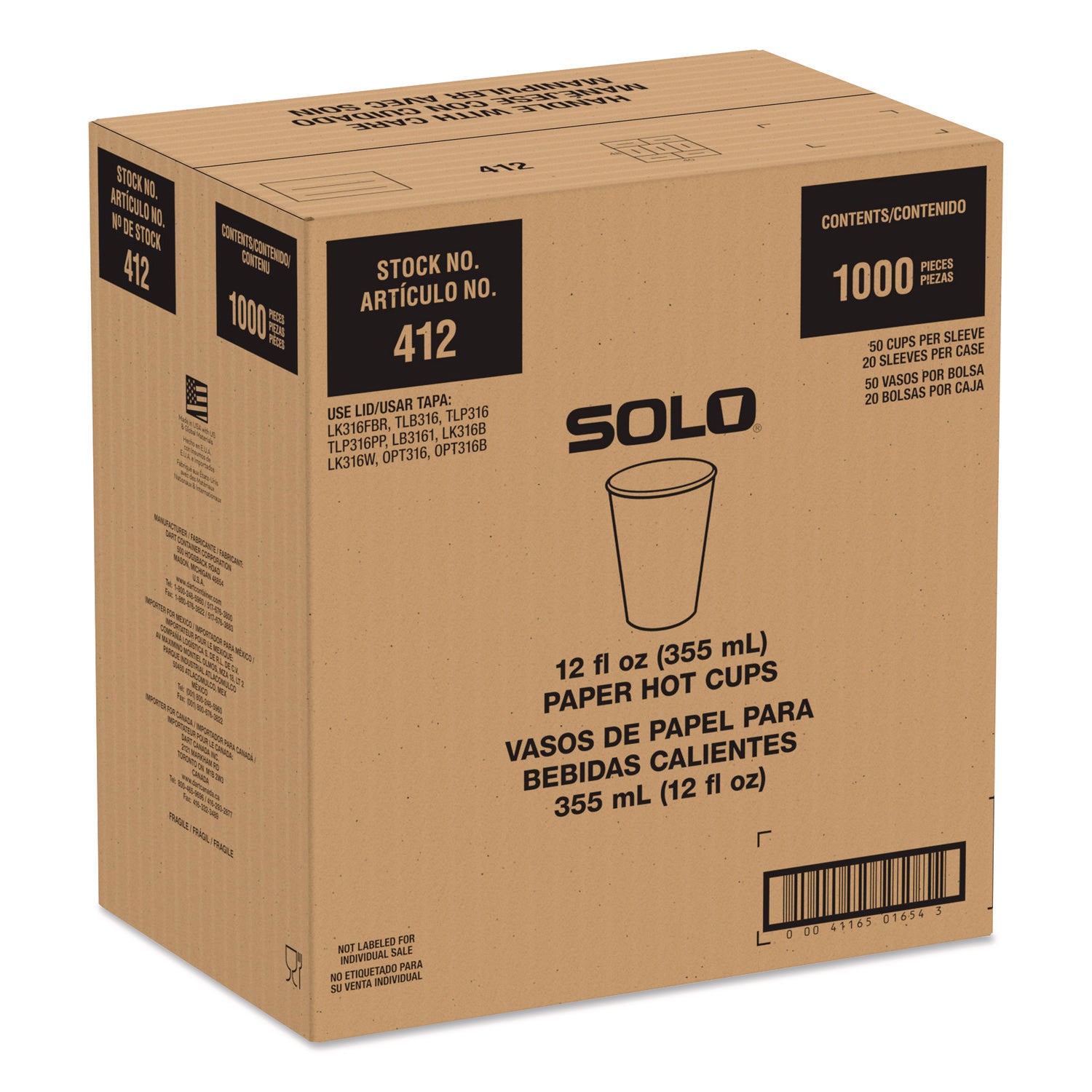 SOLO® Recycled Content PCF Paper Hot Cups, ProPlanet Seal, 12 oz, White/Blue, 1,000/Carton