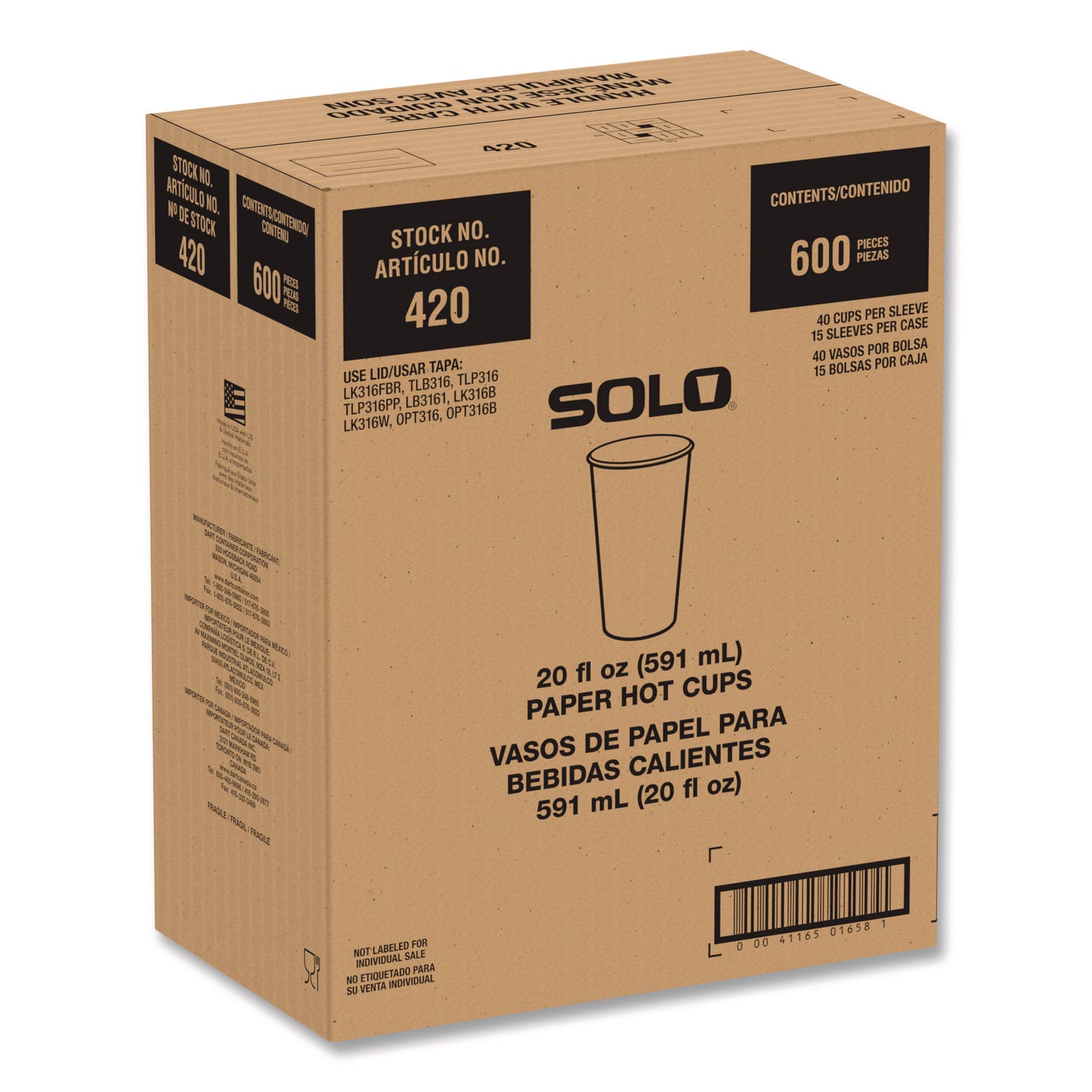 SOLO® Recycled Content PCF Paper Hot Cups, ProPlanet Seal, 20 oz, White/Blue, 600/Carton