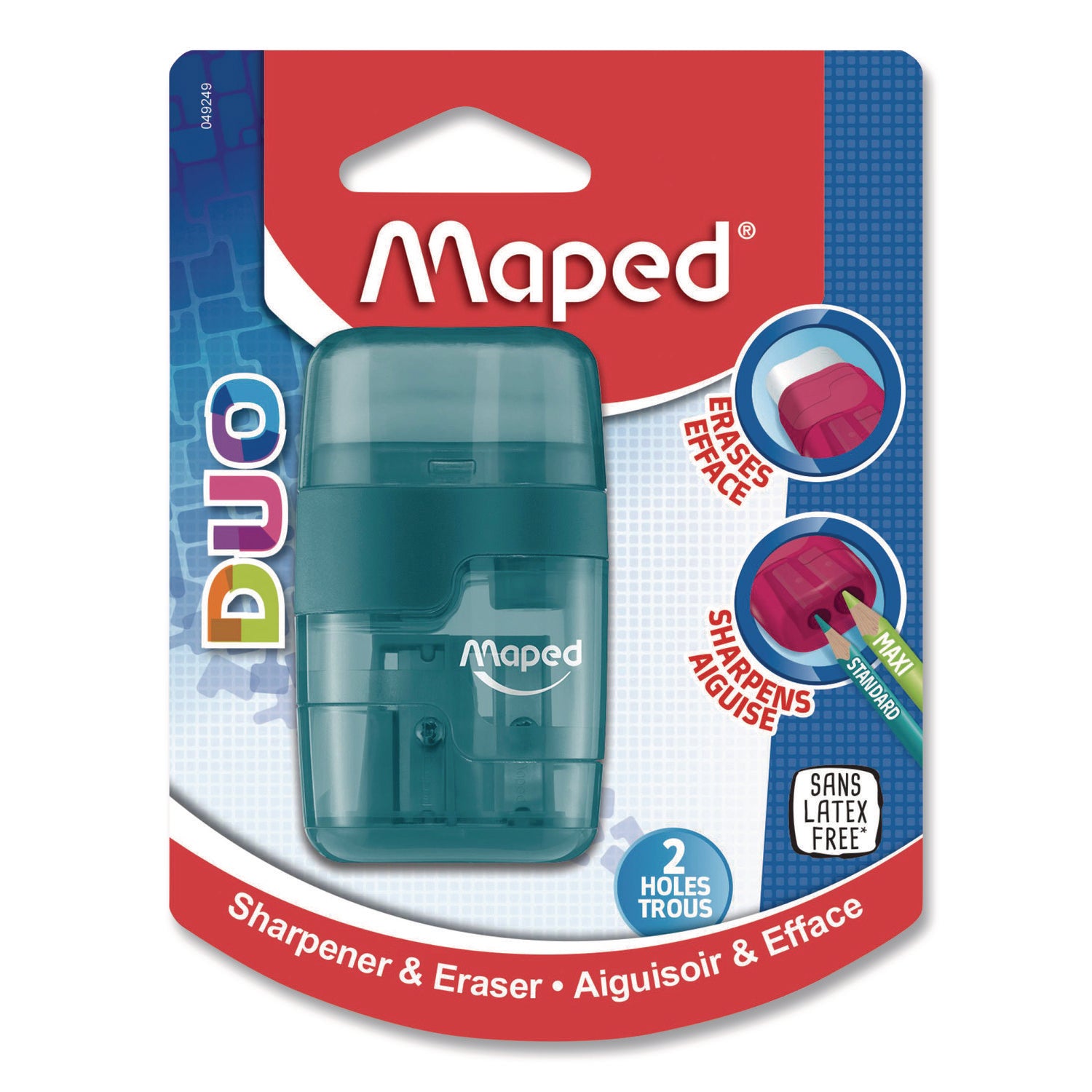 Maped Helix DUO 2-Hole Canister Pencil Sharpener/Eraser Combo, 3.74 x 1.08 x 4.92, Randomly Assorted Colors