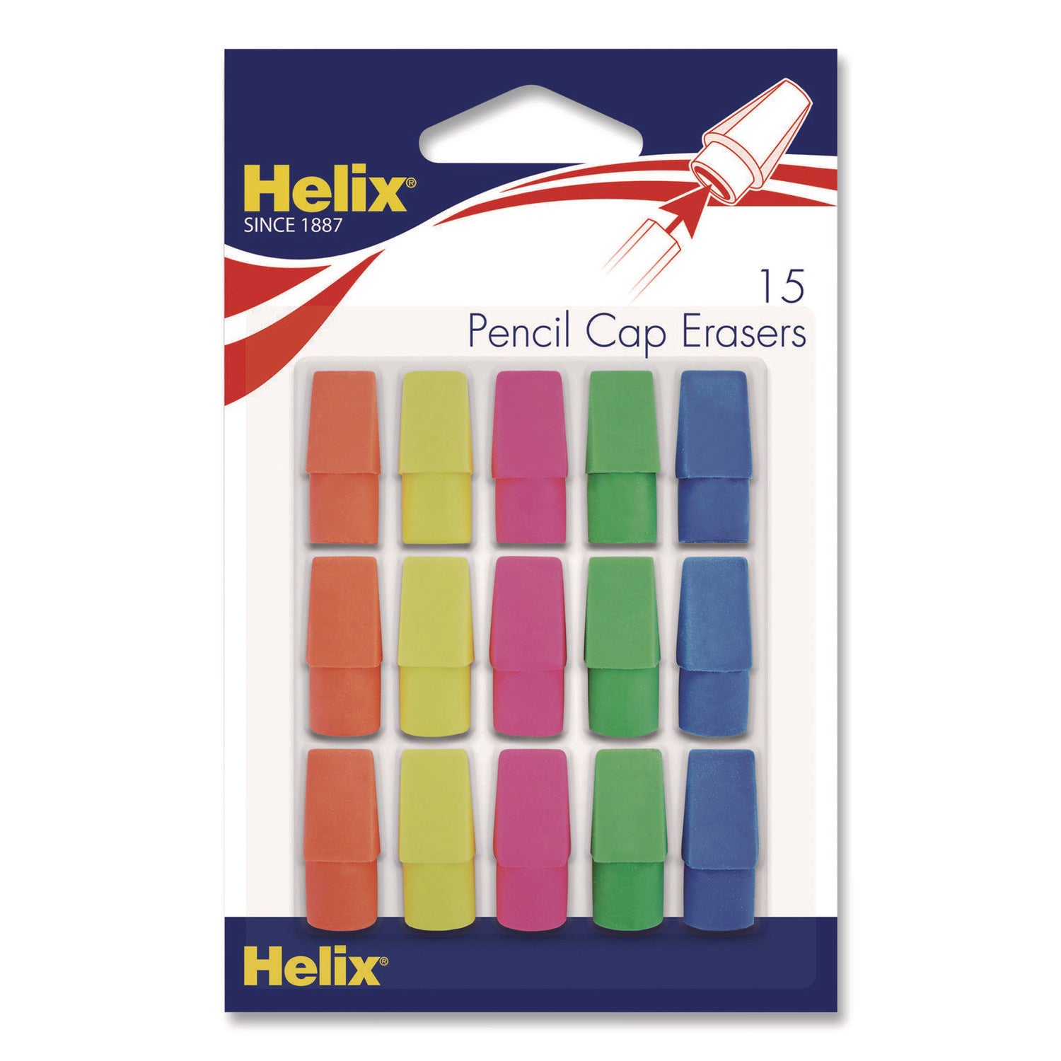 Maped Helix Classic Pencil Cap Erasers, For Pencil Marks, Assorted Colors, 15/Pack