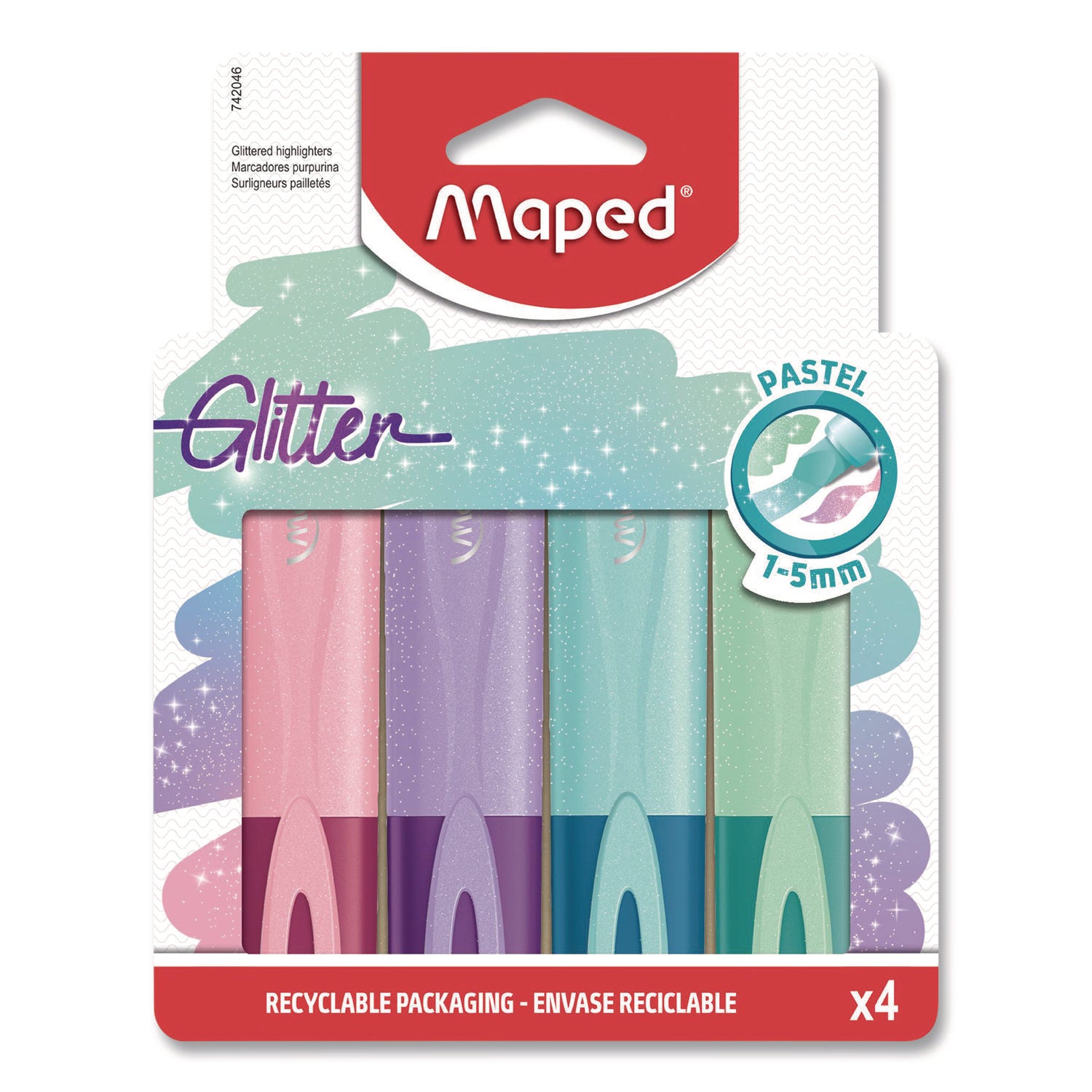 Maped Helix Fluo Peps Pastel Glitter Highlighter, Assorted Ink, Chisel Tip, Assorted Barrel, 4/Pack