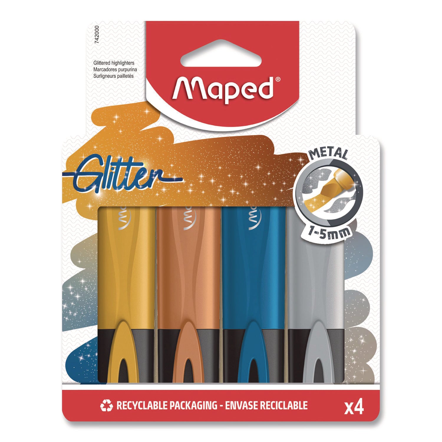 Maped Helix Fluo Peps Metallic Glitter Highlighter, Assorted Ink, Chisel Tip, Assorted Barrel, 4/Pack
