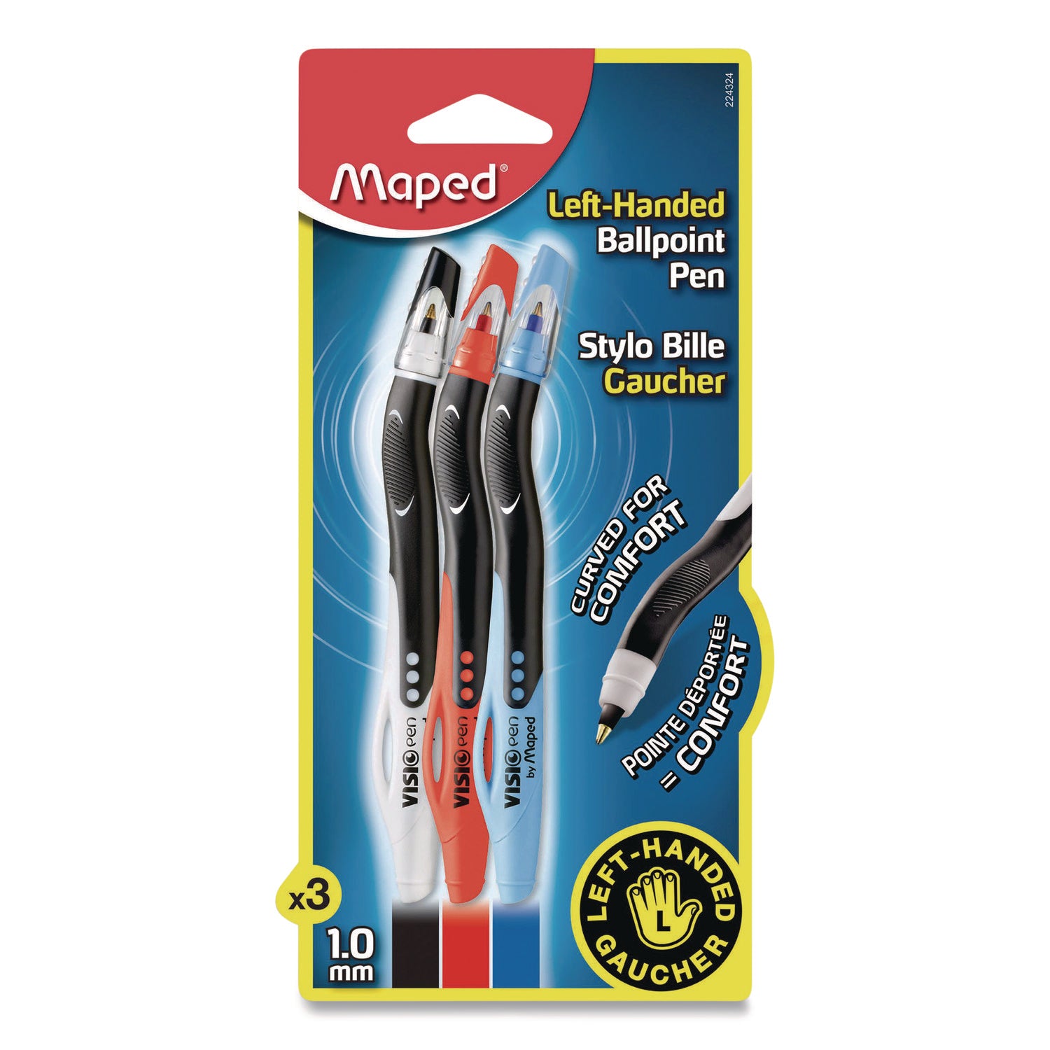 Maped Helix Visio Left-Handed Ballpoint Pen, Stick, Medium 1 mm, Assorted Ink and Barrel Colors, 3/Pack