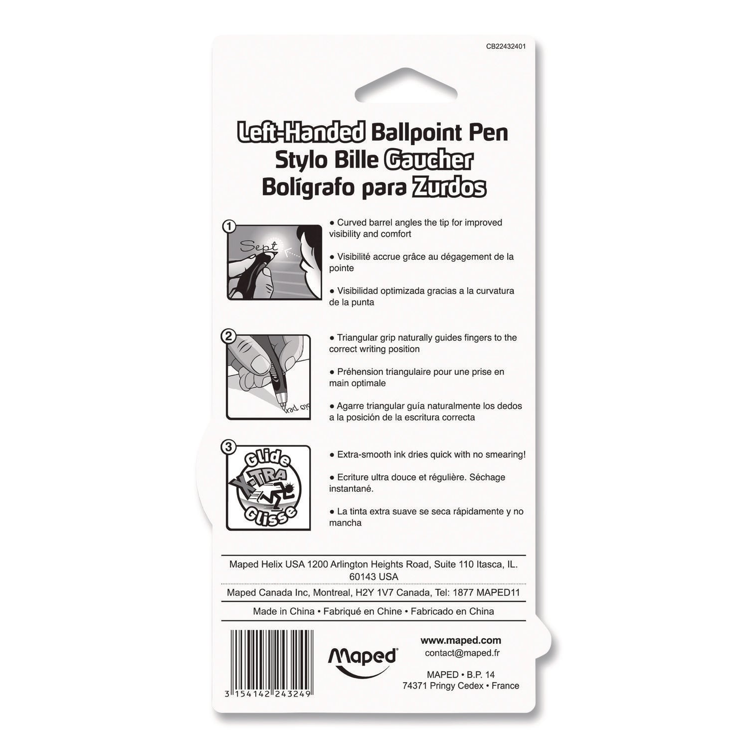 Maped Helix Visio Left-Handed Ballpoint Pen, Stick, Medium 1 mm, Assorted Ink and Barrel Colors, 3/Pack