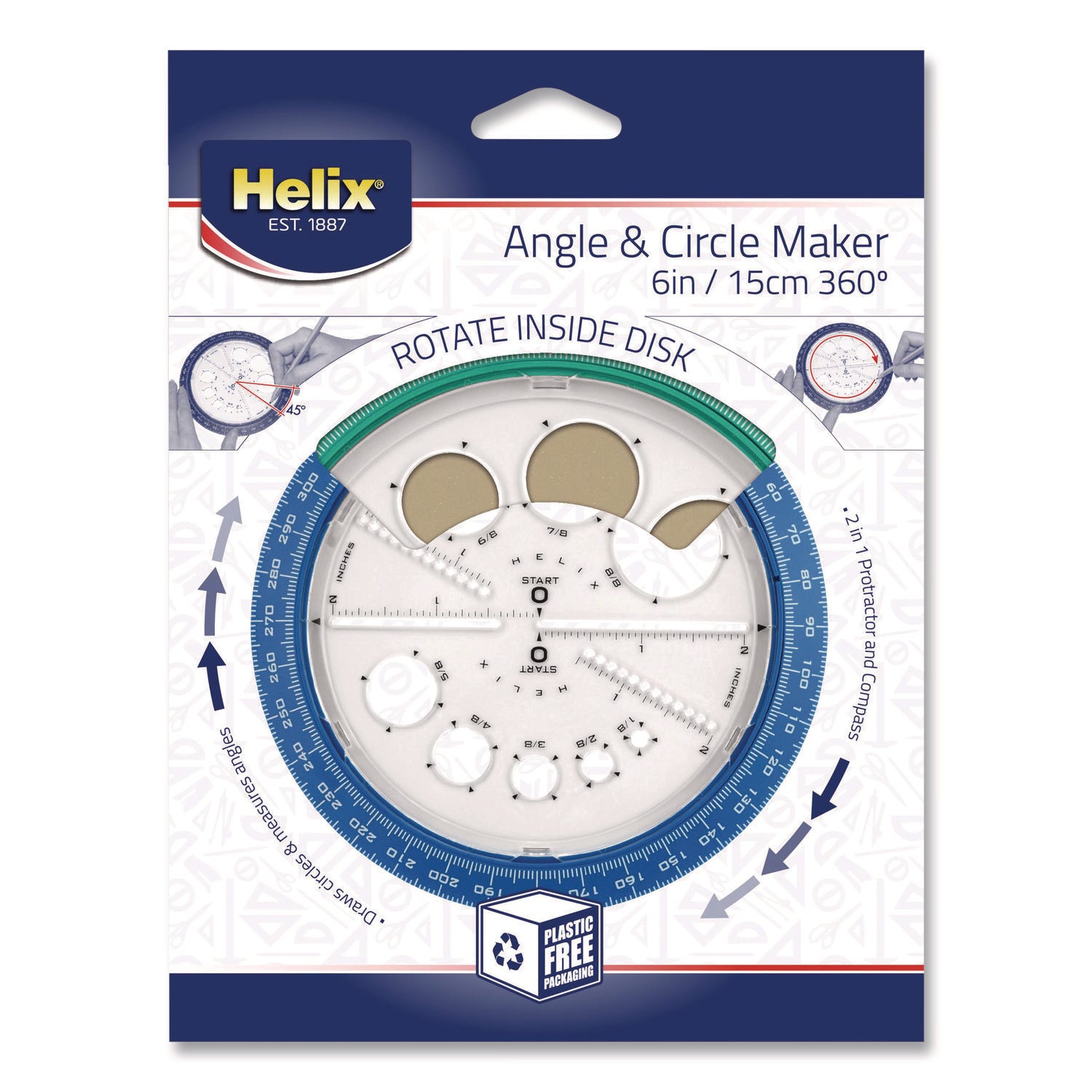 Maped Helix 360° Angle and Circle Maker 2-in-1 Protractor and Compass Tool, 2" Ruler Edge, Plastic, Randomly Assorted Color