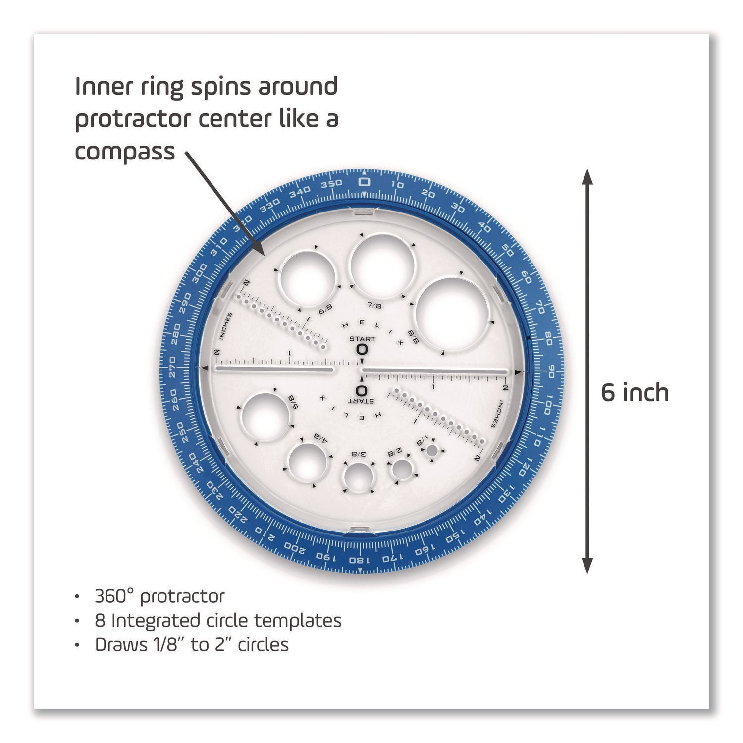 Maped Helix 360° Angle and Circle Maker 2-in-1 Protractor and Compass Tool, 2" Ruler Edge, Plastic, Randomly Assorted Color