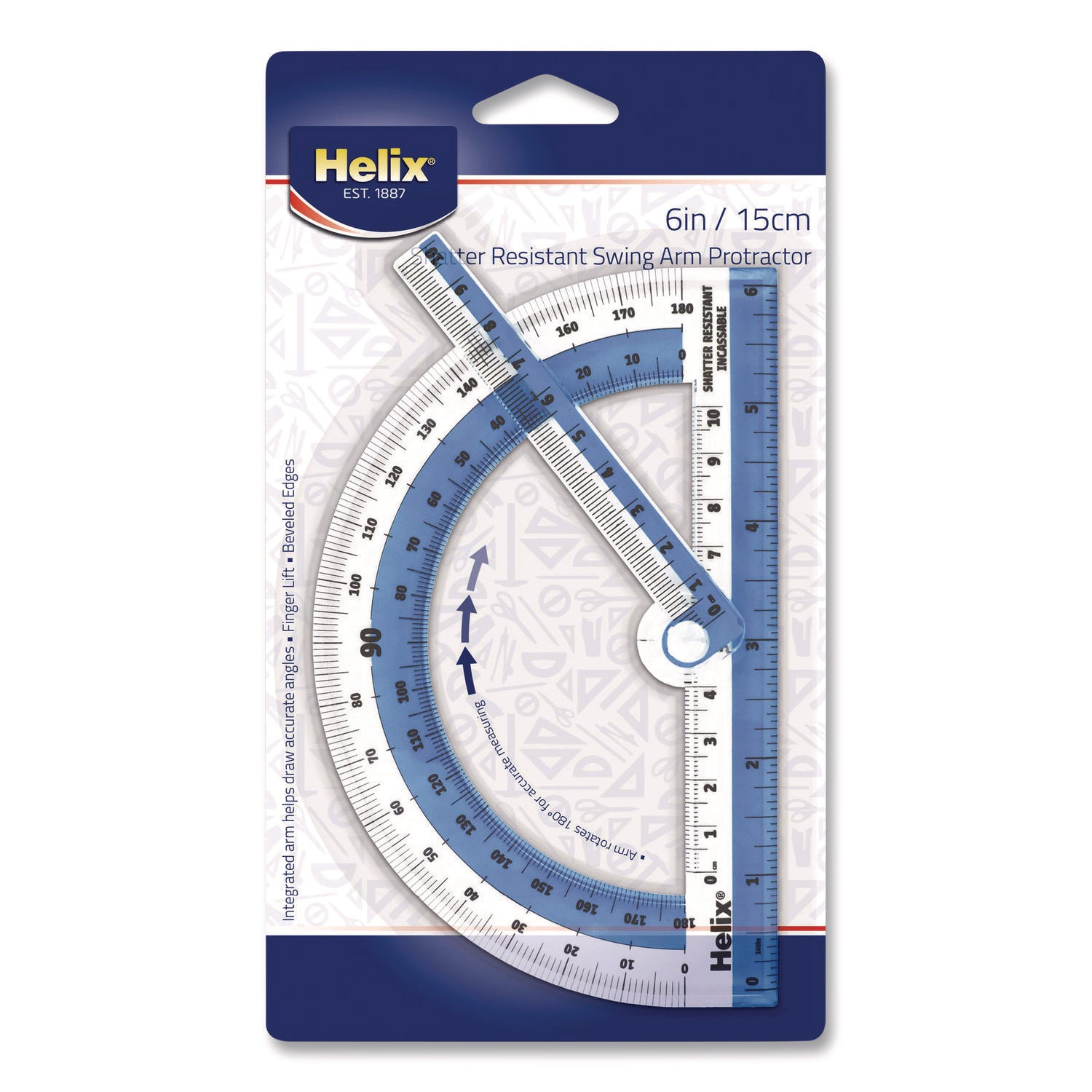 Maped Helix 180° Shatter Resistant Swing Arm Protractor, 6" Ruler Edge/10 cm Ruler Edge, Plastic, Randomly Assorted Color