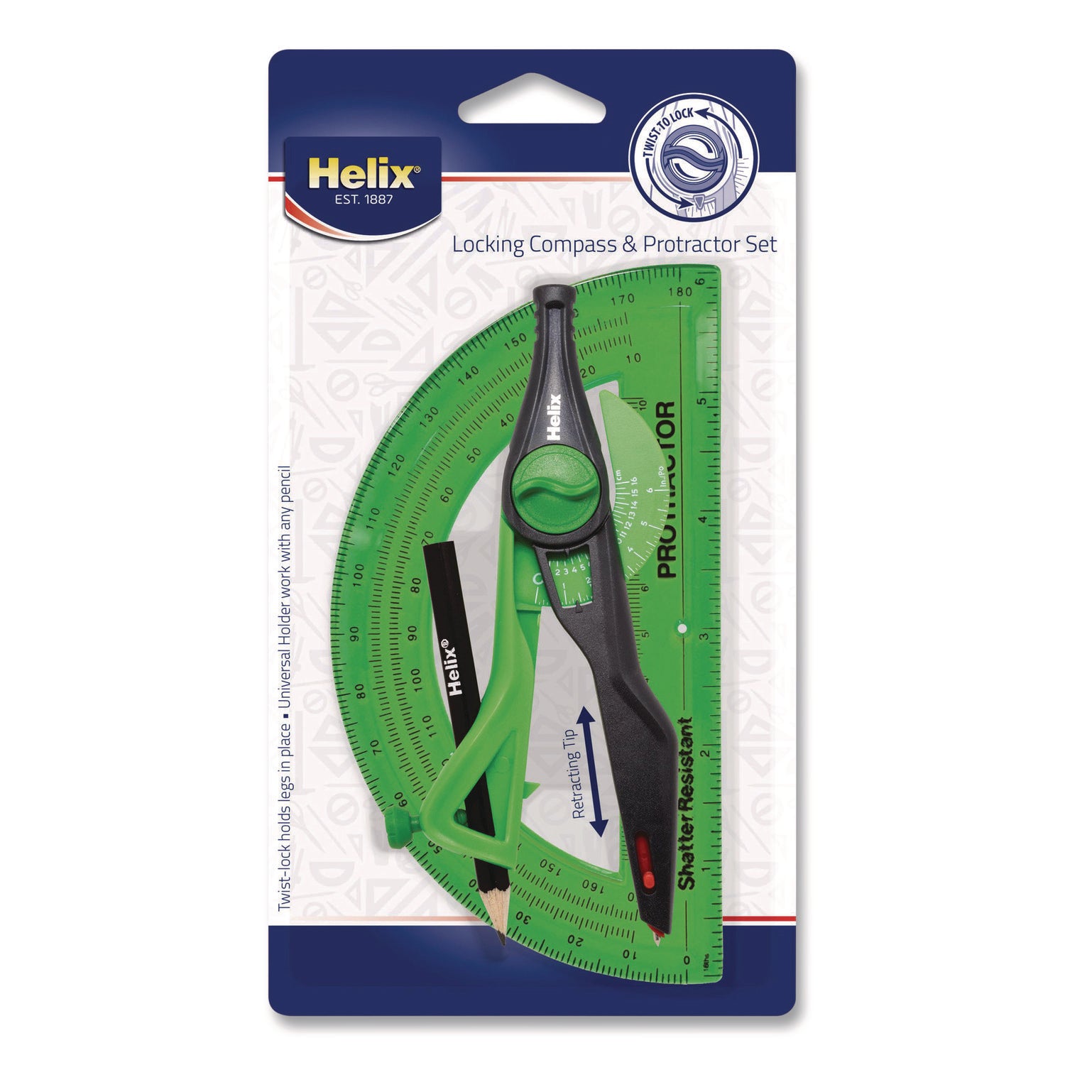 Maped Helix Locking Compass and Protractor Set, 12" Maximum Diameter, 6" Ruler Edge, Randomly Assorted Colors