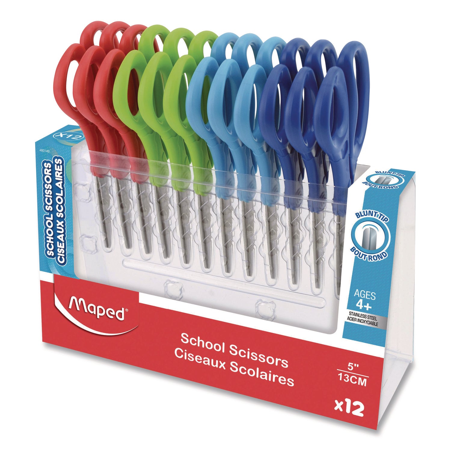 Maped Helix Essential Blunt School Scissors School Pack, Rounded Tip, 5.35" Long, 2" Cut Length, Straight Assorted Handle, Dozen