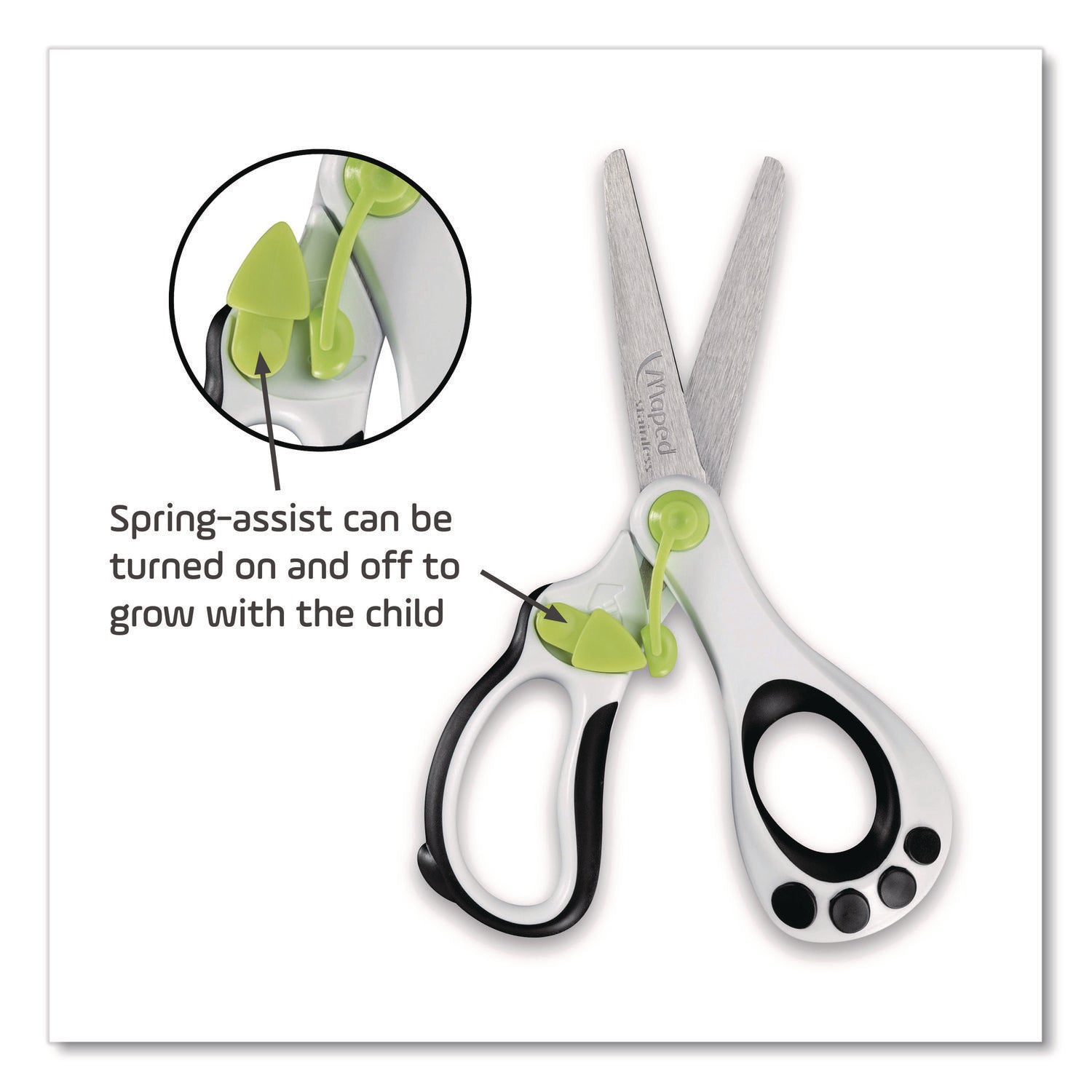 Maped Helix Kidy Spring-Assisted Educational Scissors Rounded Tip, 5.41" Long, 2" Cut Length, Straight White/ Black Handle