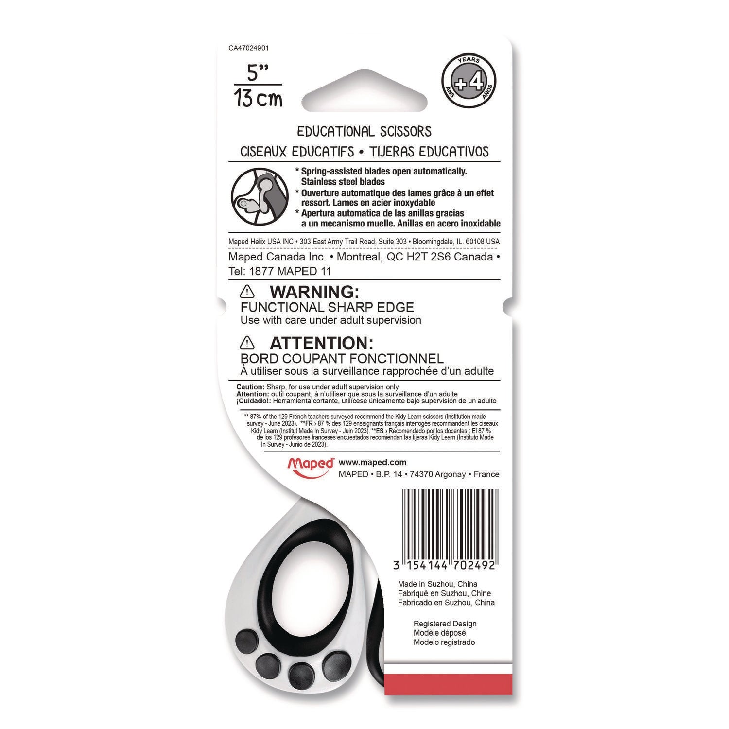 Maped Helix Kidy Spring-Assisted Educational Scissors Rounded Tip, 5.41" Long, 2" Cut Length, Straight White/ Black Handle