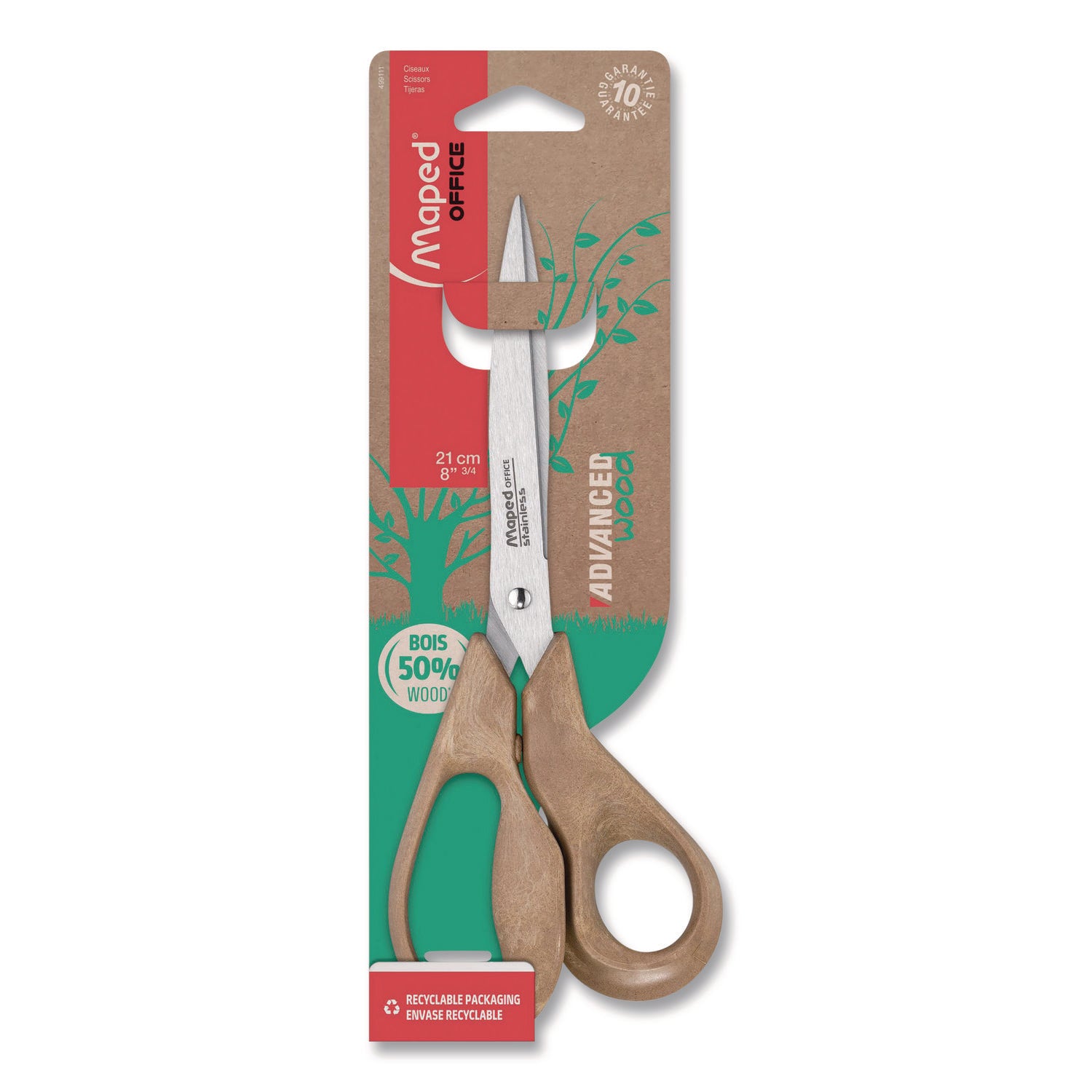 Maped Helix Advanced Wood Multipurpose Scissors, 8.25" Long, 4.75" Cut Length, Straight Brown Handle