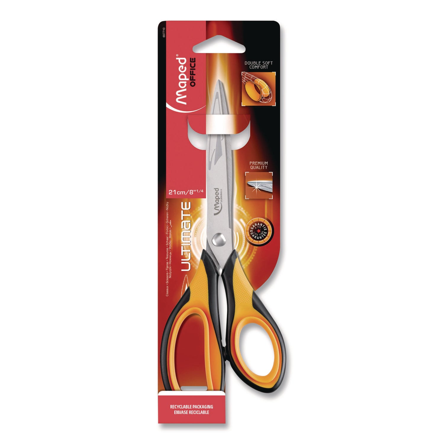 Maped Helix Ultimate Soft Grip Multipurpose Scissors, 8.25" Long, 4.5" Cut Length, Straight Orange/Black Handle
