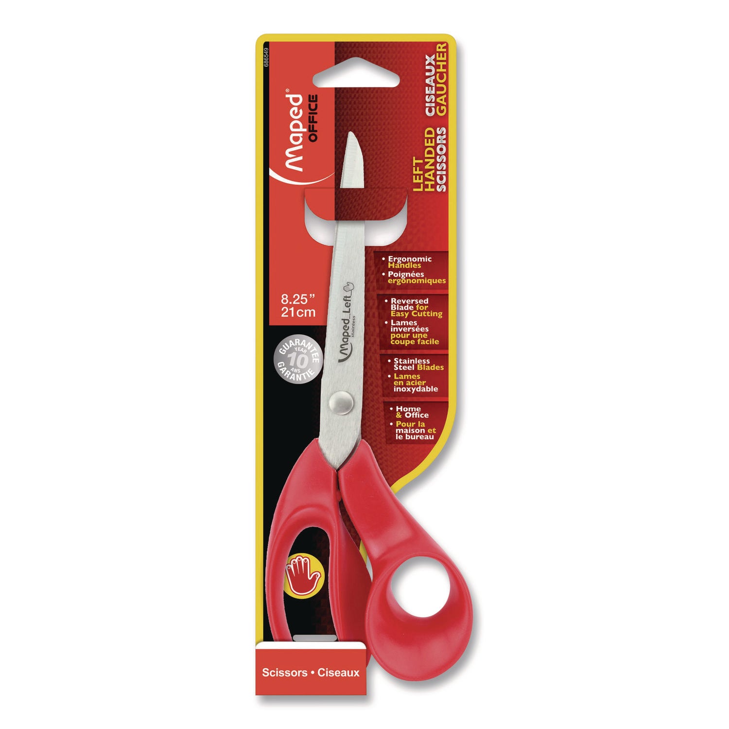 Maped Helix Expert Left-Handed Multipurpose Scissors, 8.25" Long, 5" Cut Length, Straight Red Handle