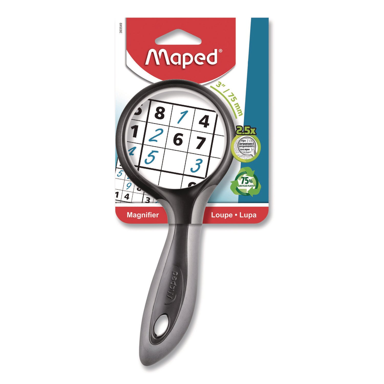 Maped Helix 2.5X Soft Touch Large Magnifying Glass, Plastic Lens, 3" dia, Randomly Assorted Color