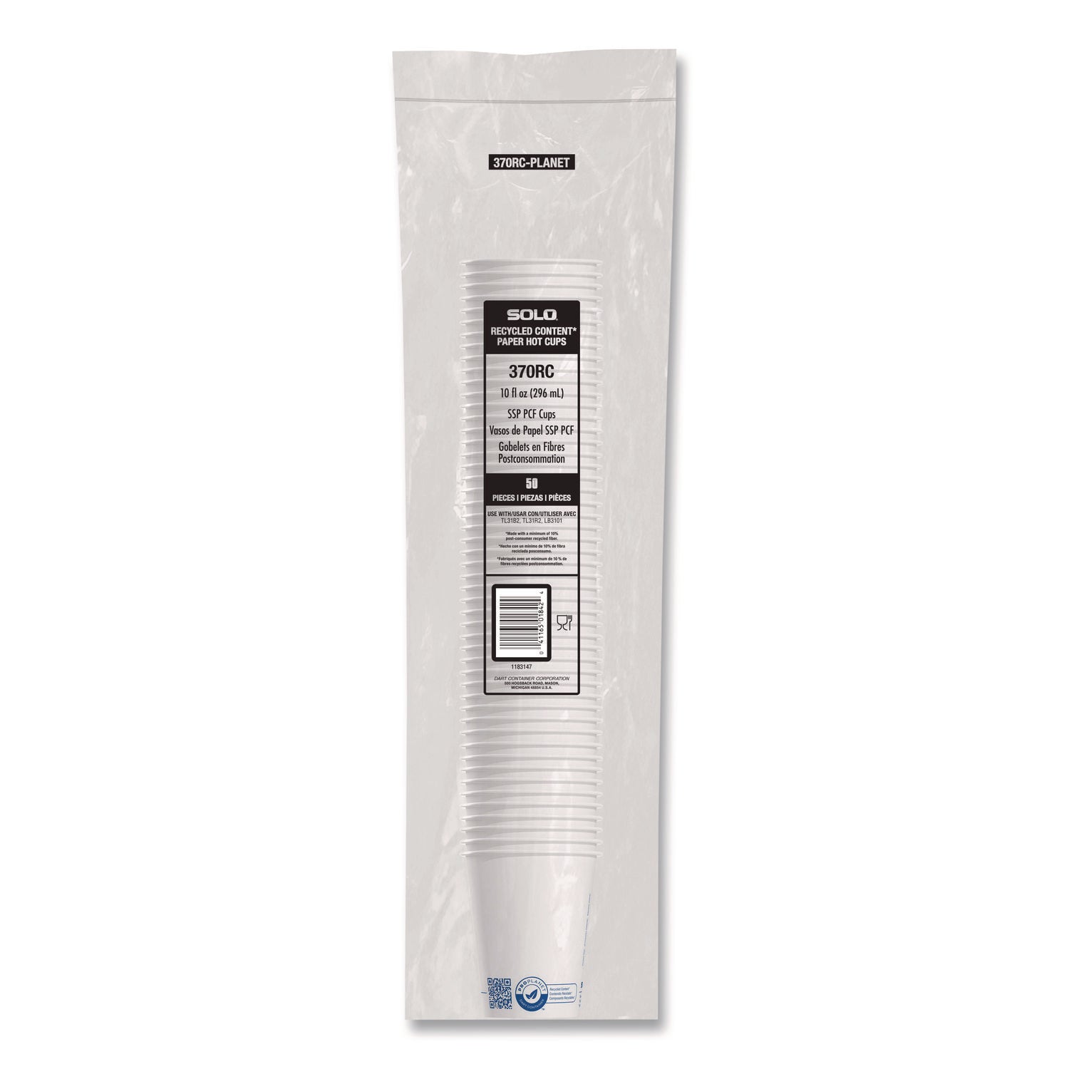 SOLO® Recycled Content PCF Paper Hot Cups, ProPlanet Seal, 10 oz, White, 50/Pack