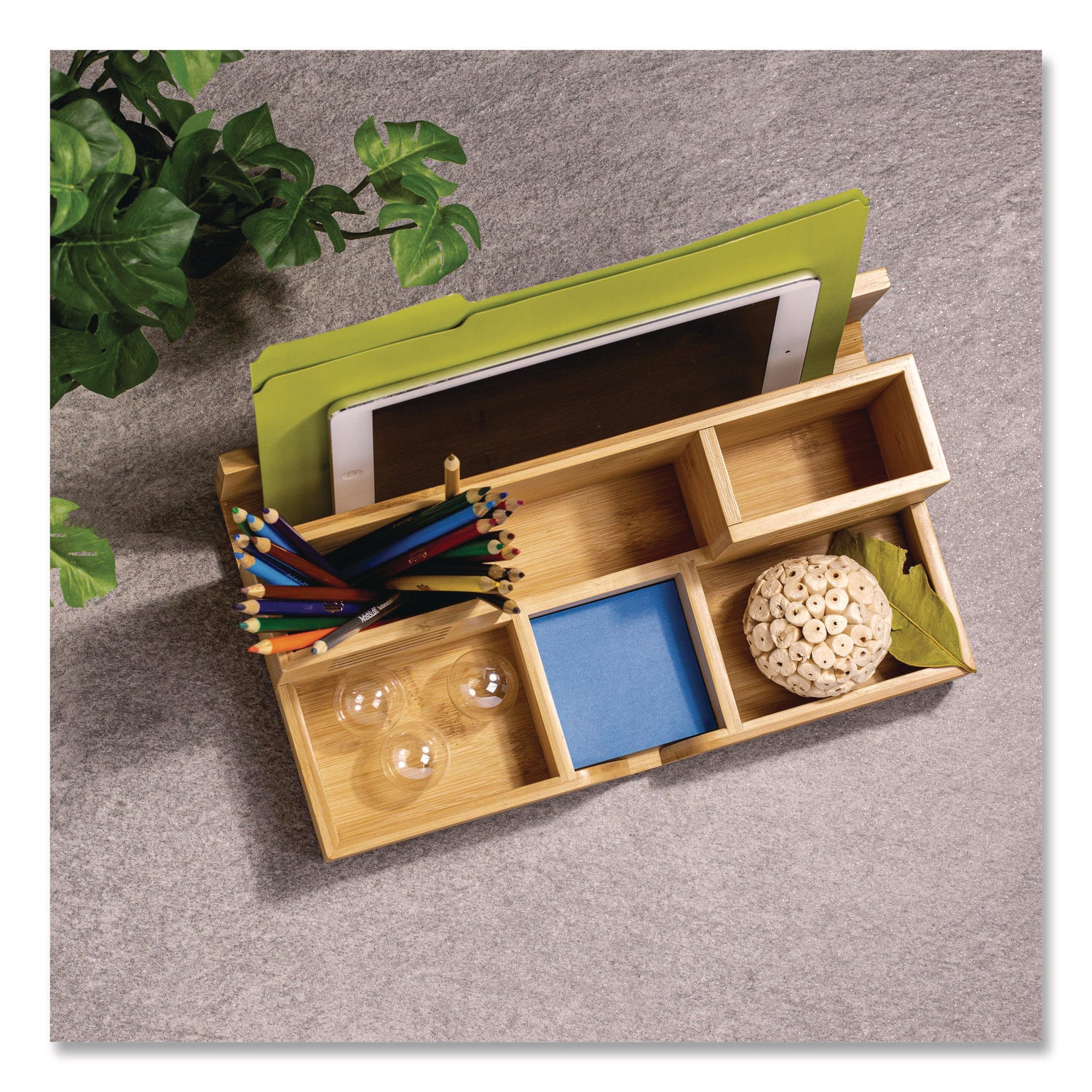 Officemate Bamboo Desk Organizer, 7 Compartments, 14.09 x 8.62 x 5.28, Natural Wood Grain, Bamboo