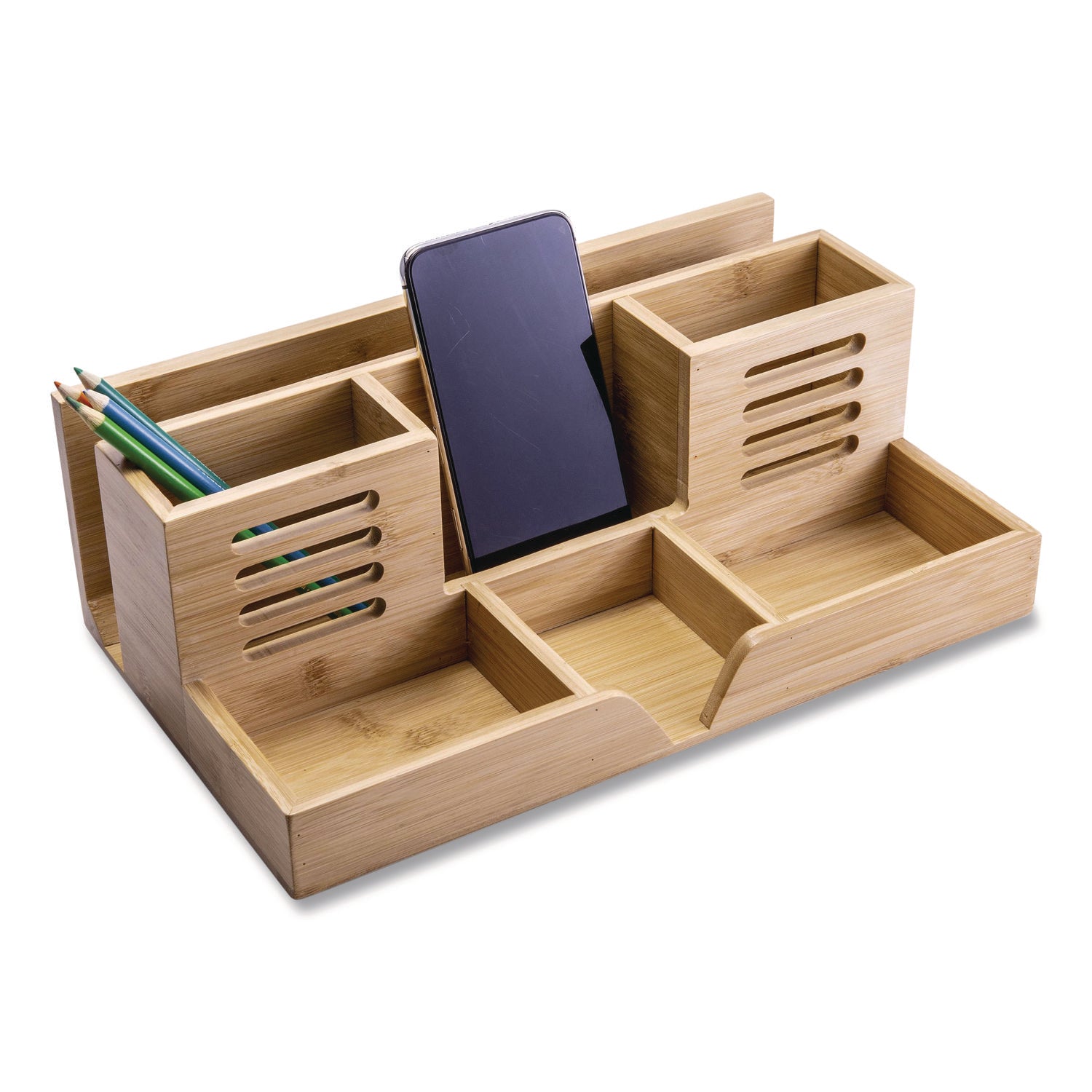 Officemate Bamboo Desk Organizer, 7 Compartments, 14.09 x 8.62 x 5.28, Natural Wood Grain, Bamboo