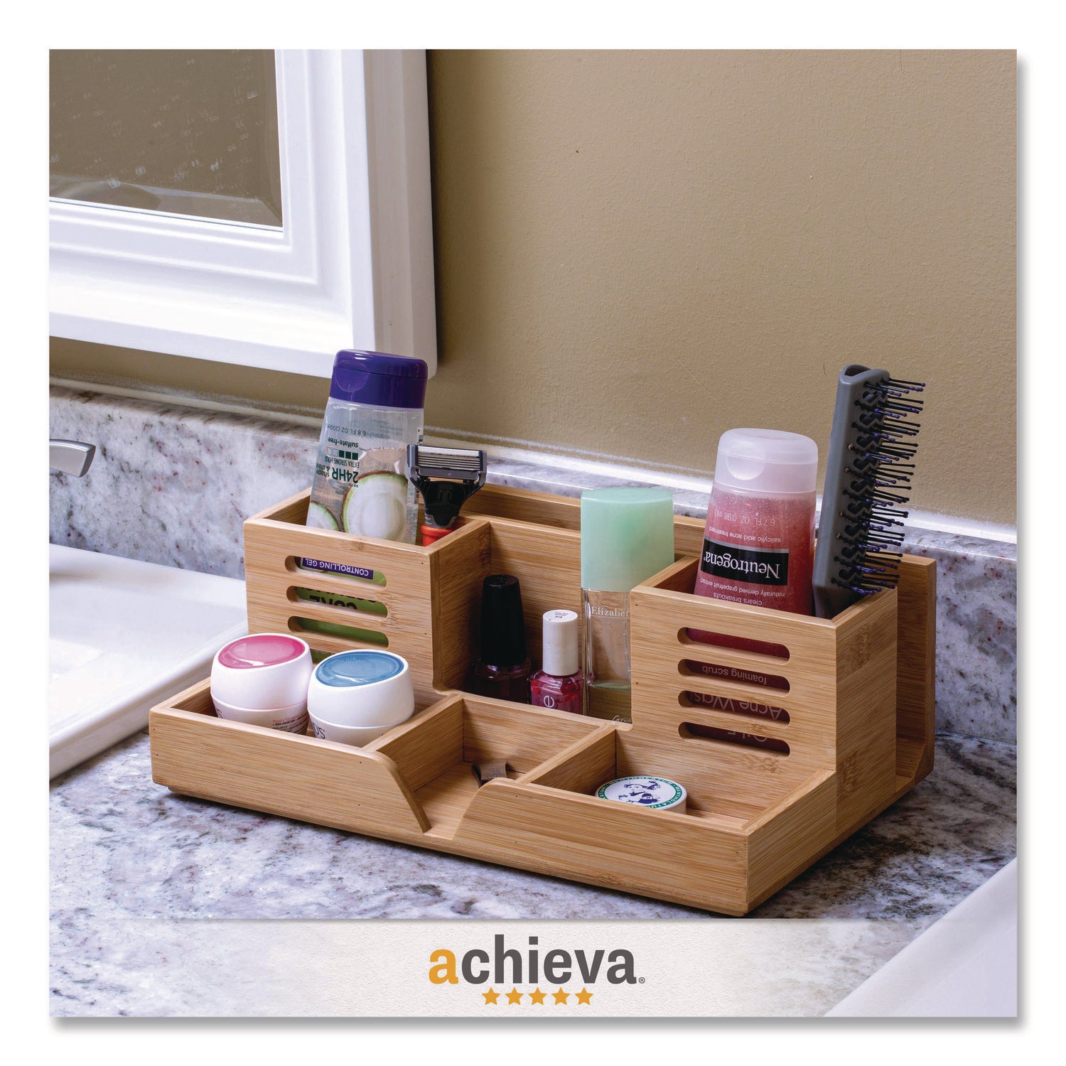 Officemate Bamboo Desk Organizer, 7 Compartments, 14.09 x 8.62 x 5.28, Natural Wood Grain, Bamboo