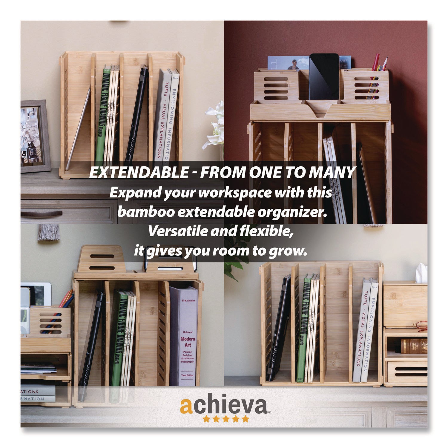 Officemate Bamboo Desk Organizer, 7 Compartments, 14.09 x 8.62 x 5.28, Natural Wood Grain, Bamboo