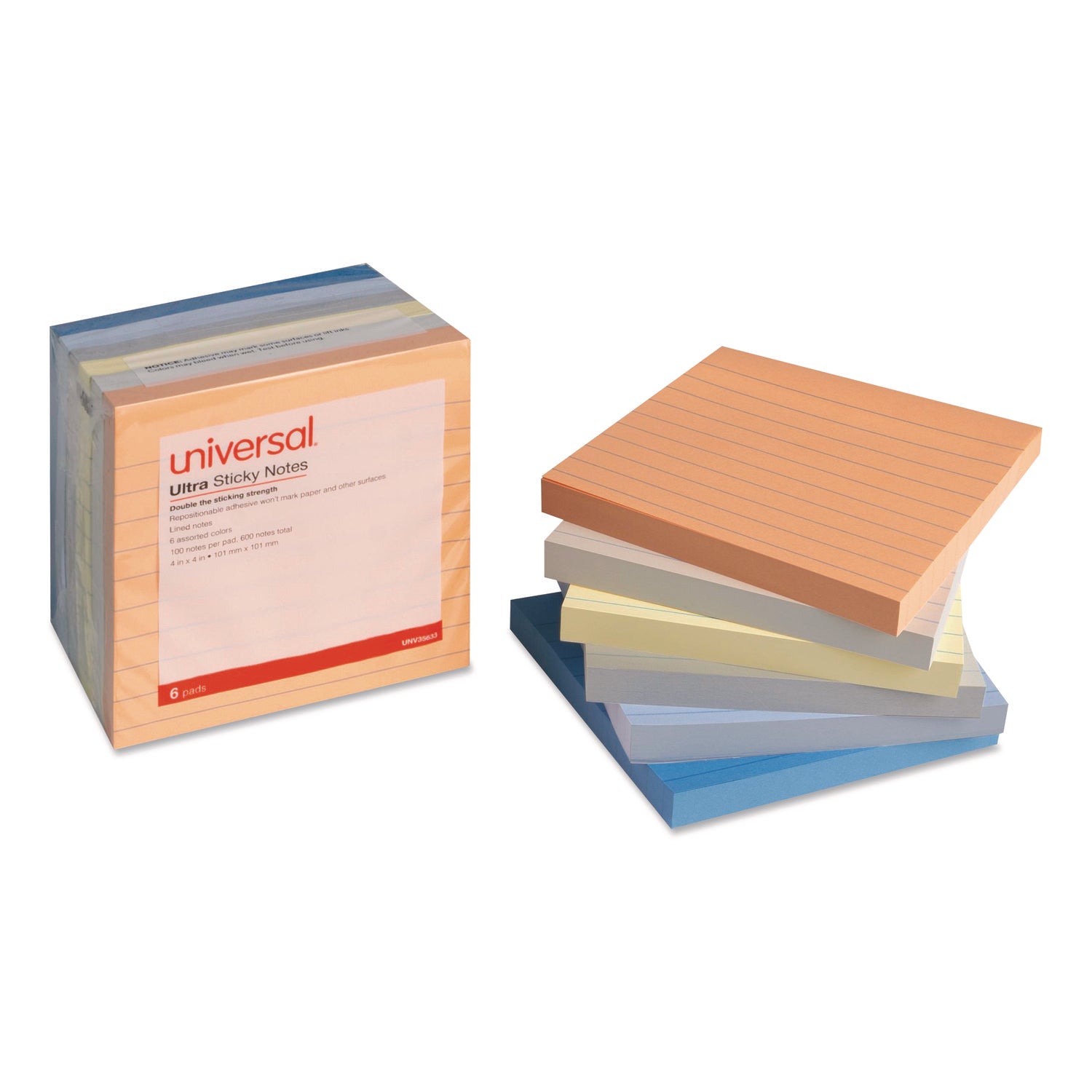 Universal® Ultra Sticky Note Pads, Note Ruled, 4" x 4", Assorted Colors, 100 Sheets/Pad, 6 Pads/Pack