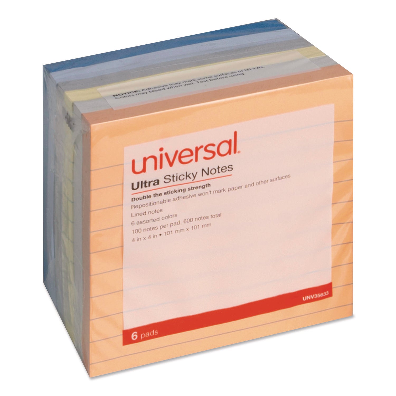 Universal® Ultra Sticky Note Pads, Note Ruled, 4" x 4", Assorted Colors, 100 Sheets/Pad, 6 Pads/Pack