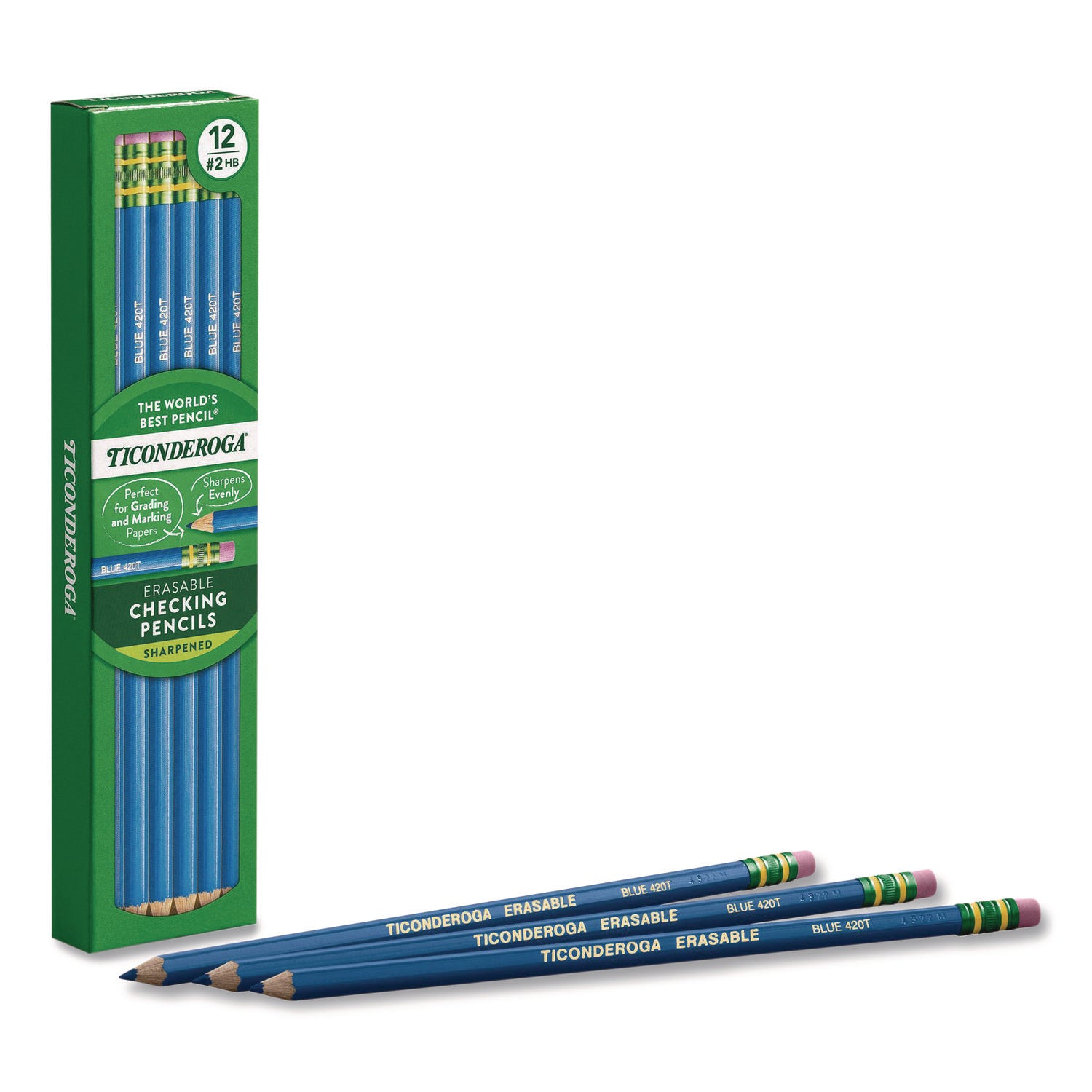 Ticonderoga® Erasable Colored Pencils, 2.6 mm, 2B (#2), Blue Lead, Blue Barrel, 12/Pack