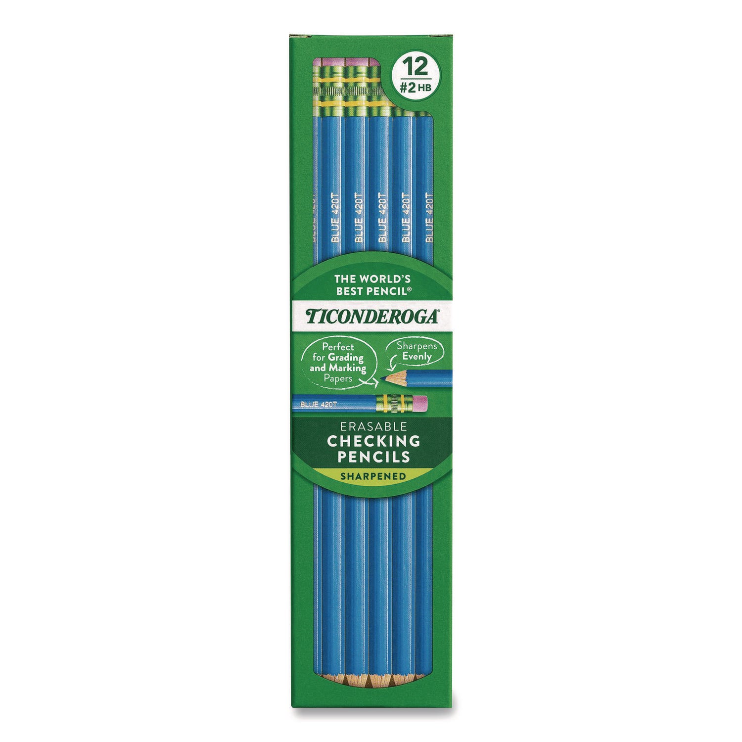 Ticonderoga® Erasable Colored Pencils, 2.6 mm, 2B (#2), Blue Lead, Blue Barrel, 12/Pack