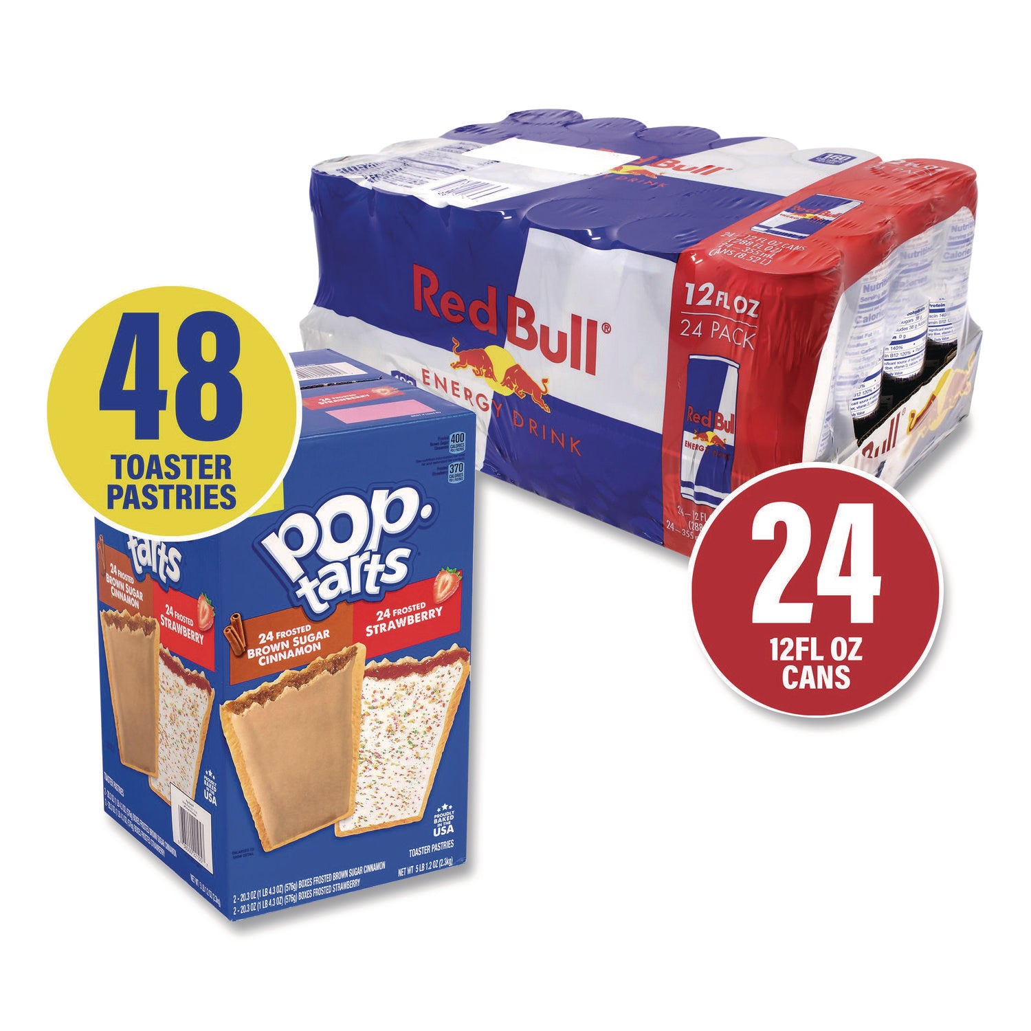 Snack Box Pros Red Bull Energy Drink and Pop Tart Combo Pack,(24) 12oz Cans,(24) Frosted Strawberry/(24) Frosted Brown Sugar Cinnamon/Bundle