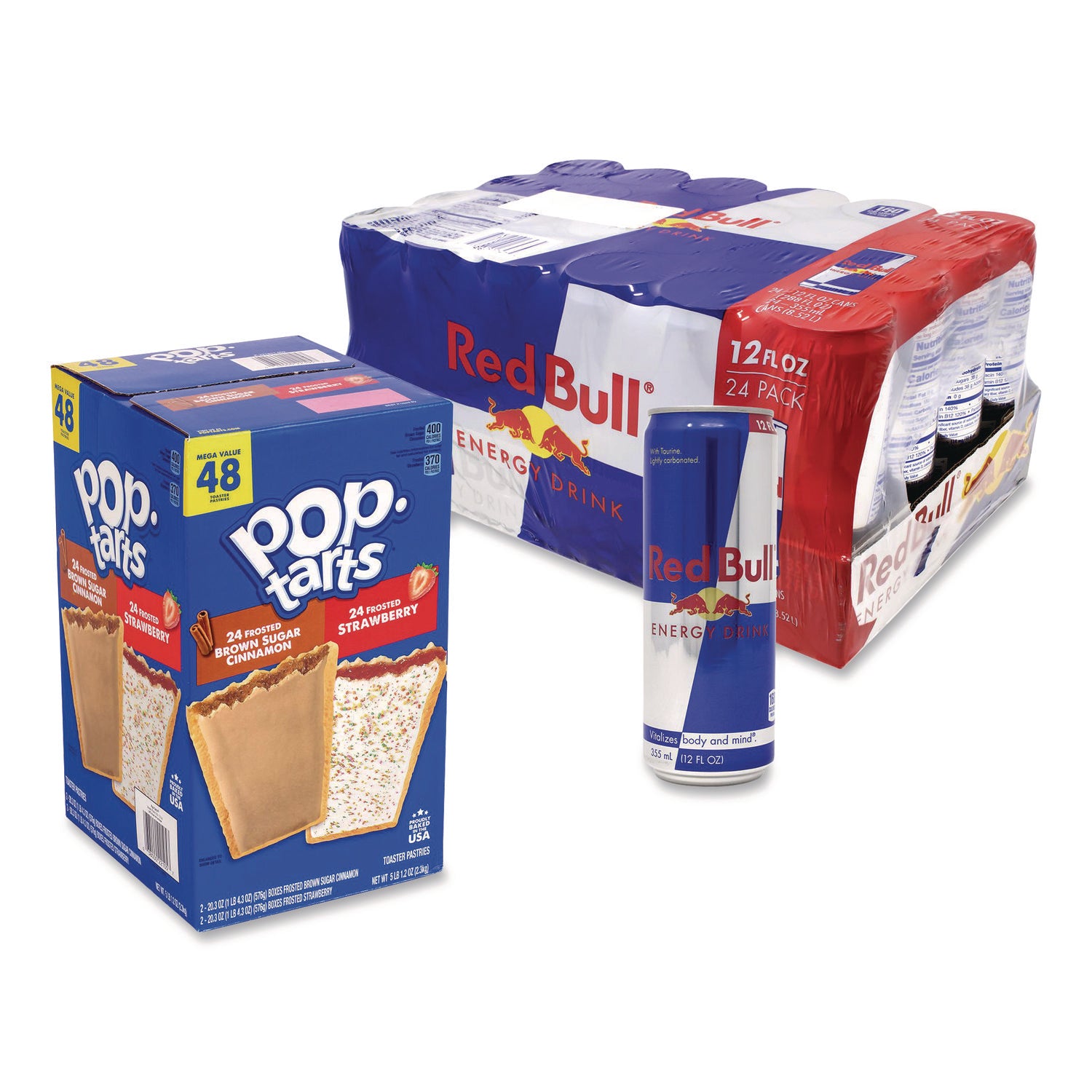 Snack Box Pros Red Bull Energy Drink and Pop Tart Combo Pack,(24) 12oz Cans,(24) Frosted Strawberry/(24) Frosted Brown Sugar Cinnamon/Bundle