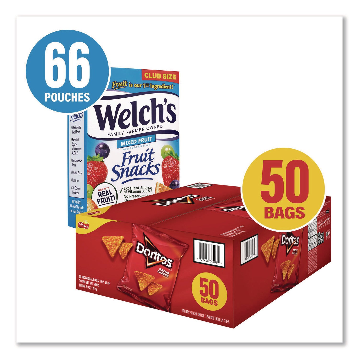 Snack Box Pros Doritos Nacho Cheese Tortilla Chips and Welch's Mixed Fruit Snacks, (50) 1oz Bag Chips, (66) 0.8 oz Pouch Fruit Snacks/Bundle