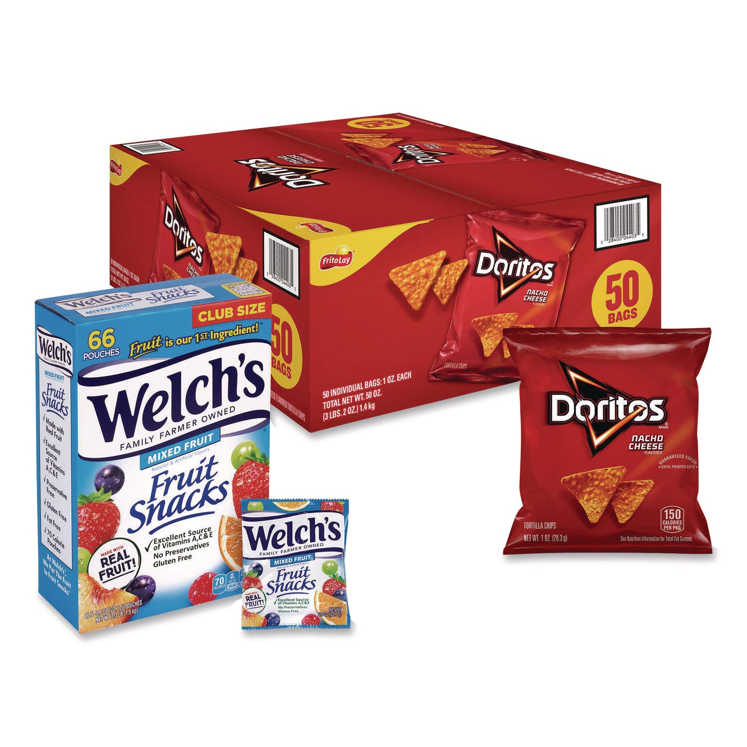 Snack Box Pros Doritos Nacho Cheese Tortilla Chips and Welch's Mixed Fruit Snacks, (50) 1oz Bag Chips, (66) 0.8 oz Pouch Fruit Snacks/Bundle
