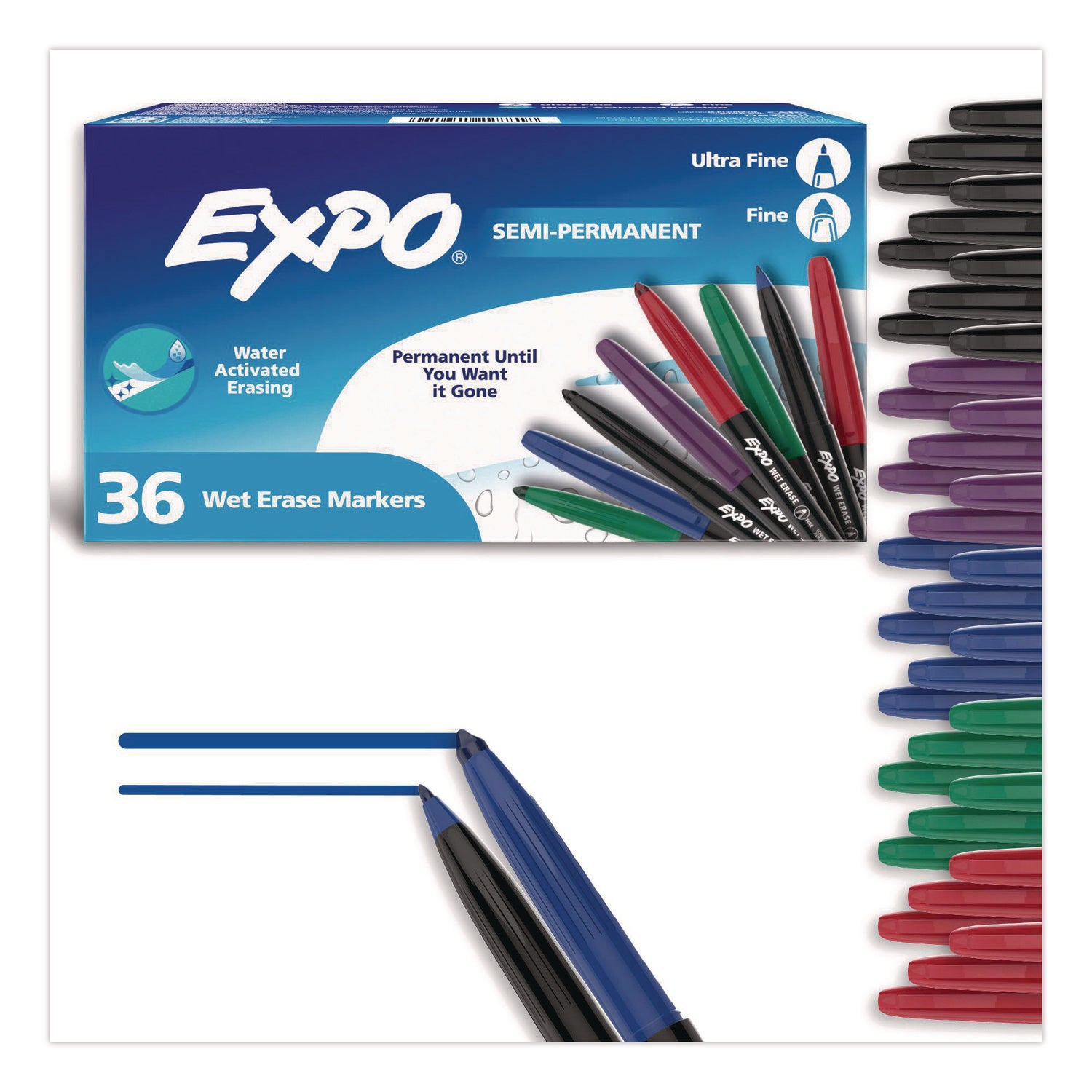 EXPO® Wet Erase Markers, Fine; Ultra Fine Tip, Assorted Colors, 36/Box