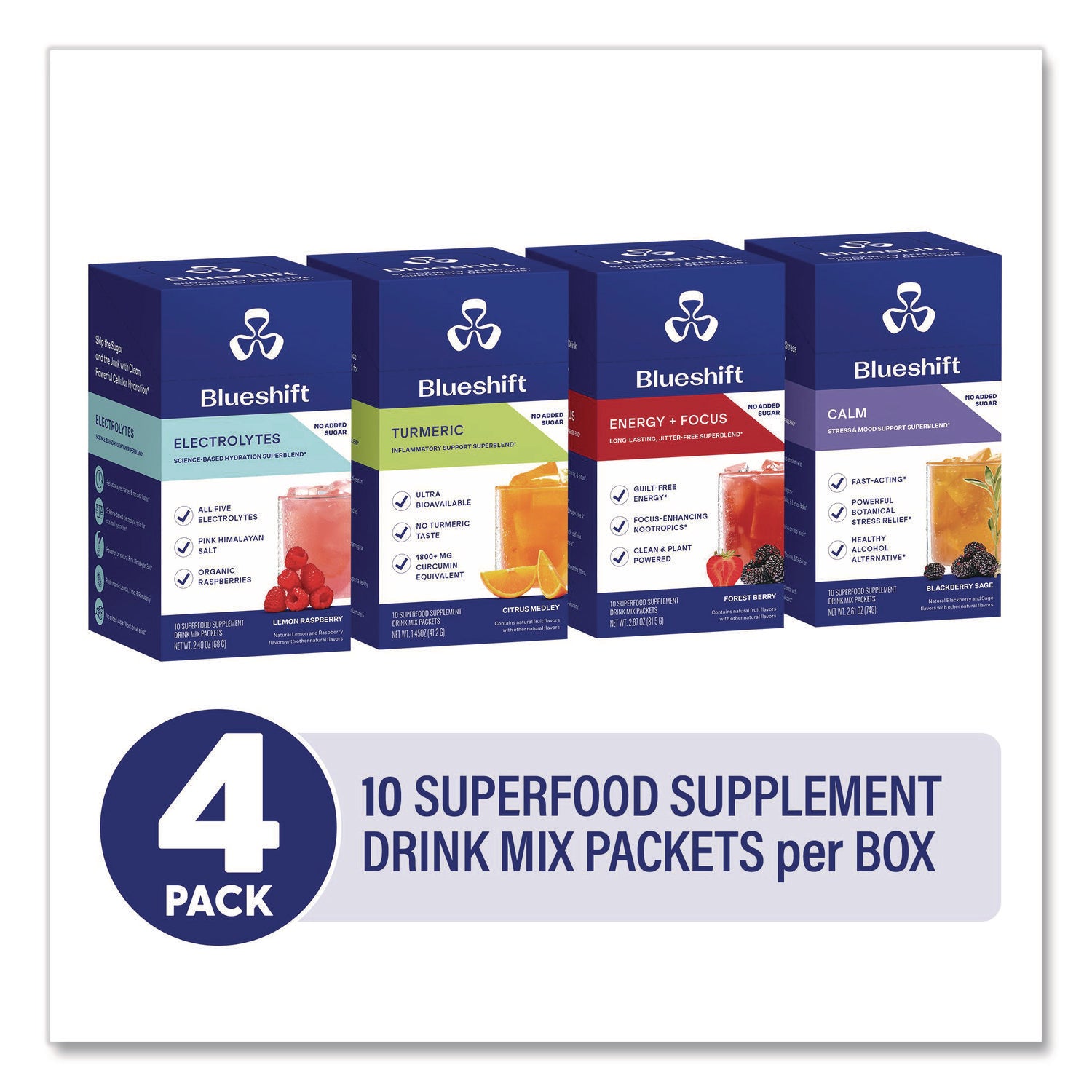 Blueshift Variety Pack Drink Mix, Assorted Flavors, Individual Packets, 10/Pack. 4 Packs/Carton