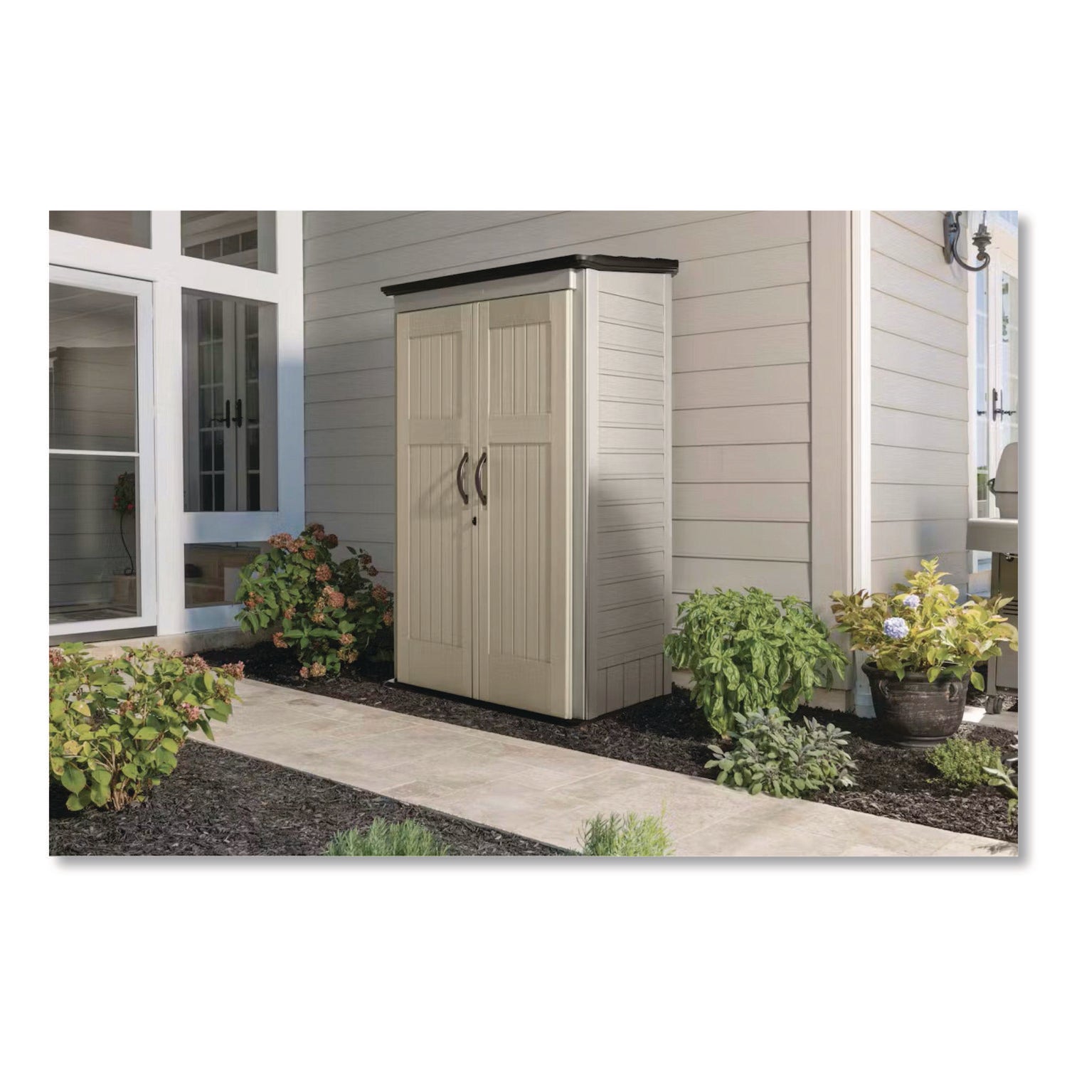 Rubbermaid® Vertical Storage Shed, 53 cu ft, 2.5 ft x 4 ft x 7 ft, Sandstone/Faint Maple