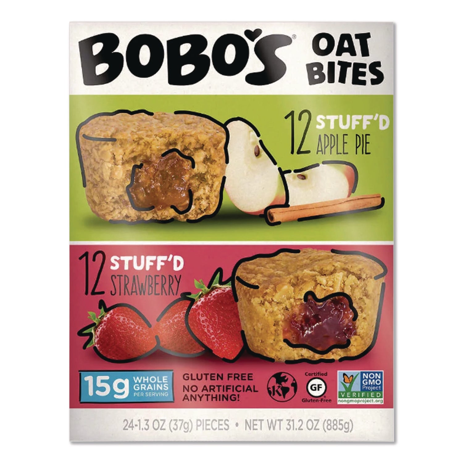 Bobo's Stuff'D Apple Pie/Strawberry Oat Bites, 1.3 oz Individually Wrapped, 24/Carton