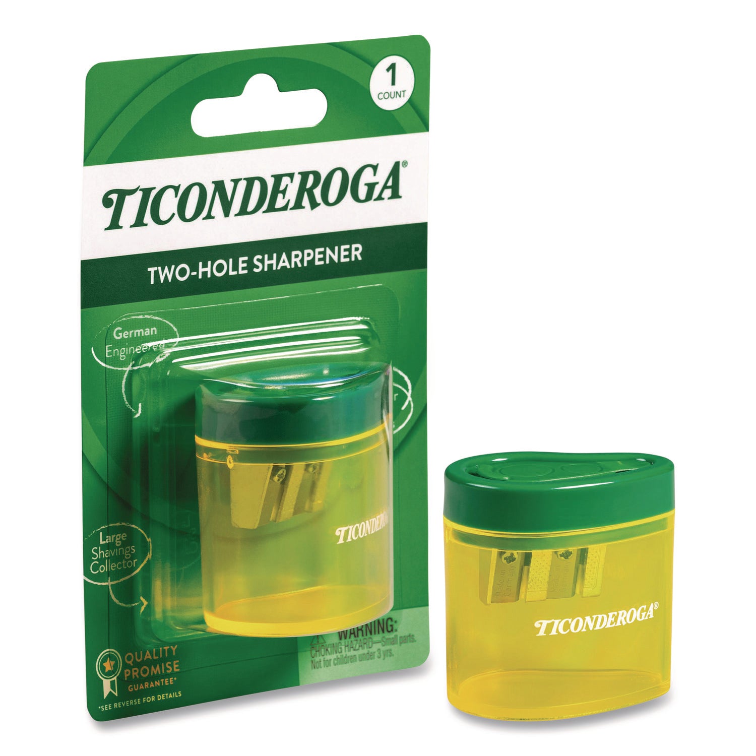 Ticonderoga® Two Hole Pencil Sharpener, 2 x 2 x 1.25, Green/Yellow