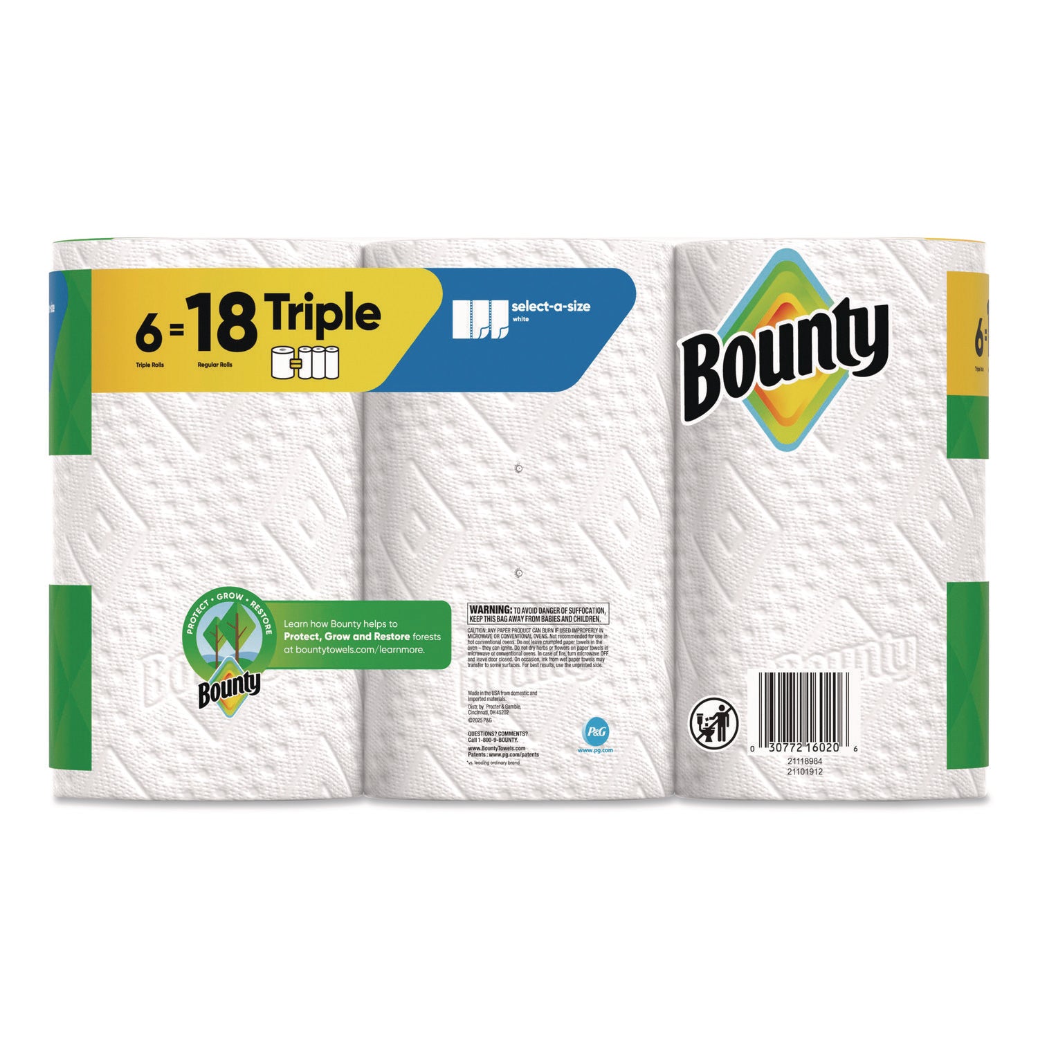 Bounty® Select-a-Size Kitchen Roll Paper Towels, 2-Ply, 5.9 x 11, White, 123 Sheets/Triple Roll, 6 Rolls/Carton