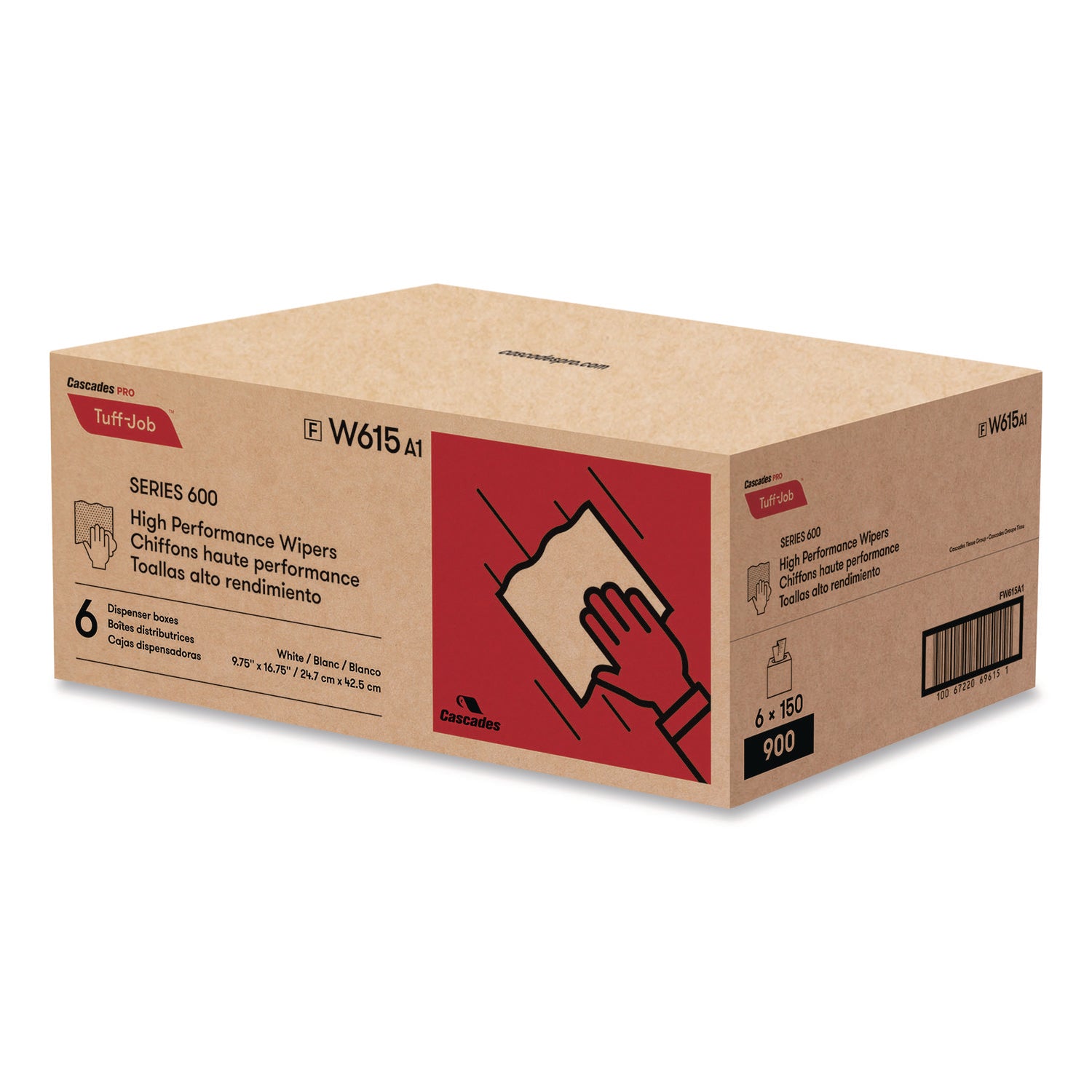 Cascades PRO Tuff-Job Spunlace Towels 1-Ply 9.75 x 16.75 White 150 Sheets-Pop-Up Box 6 Boxes-Carton