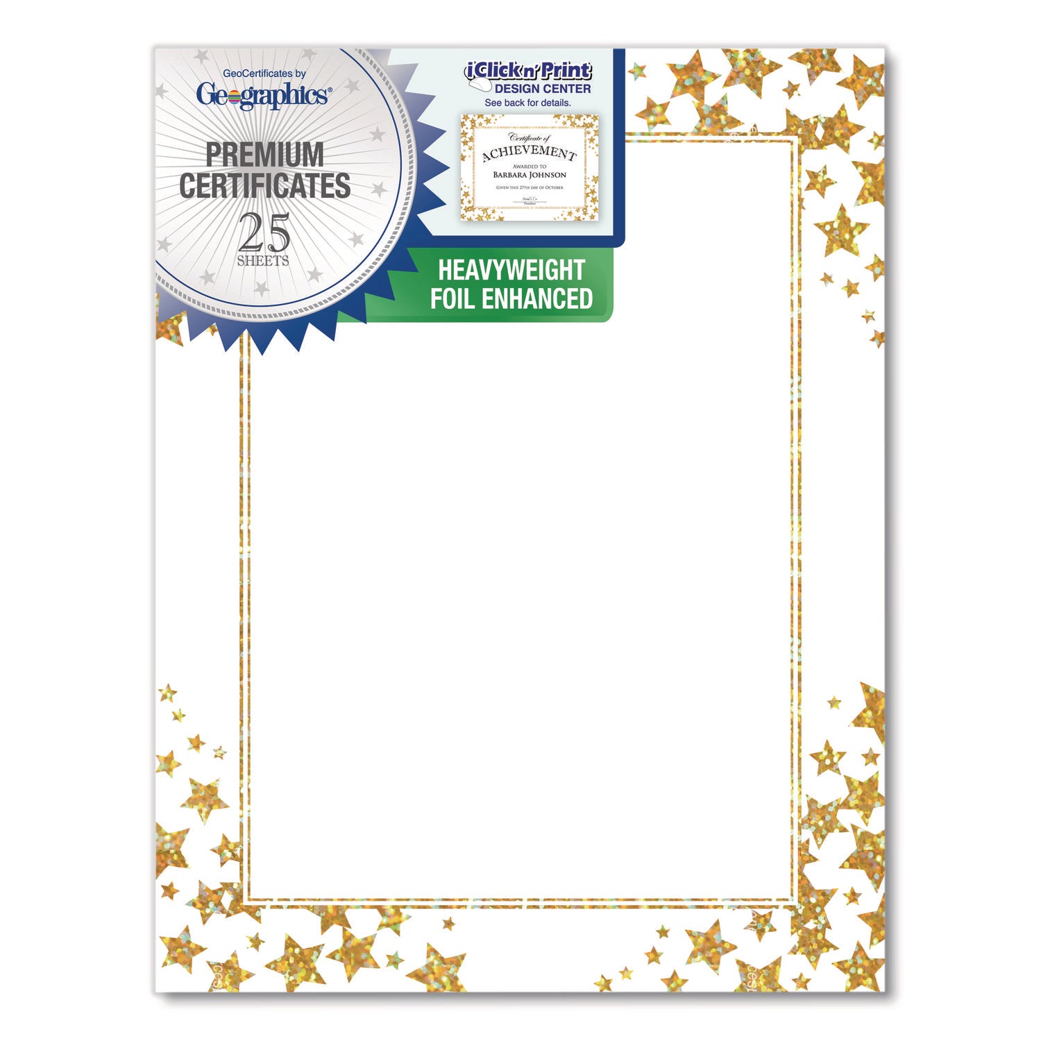 Geographics® Award Certificates, 8.5 x 11, White with Gold/White Star Border, 25/Pack